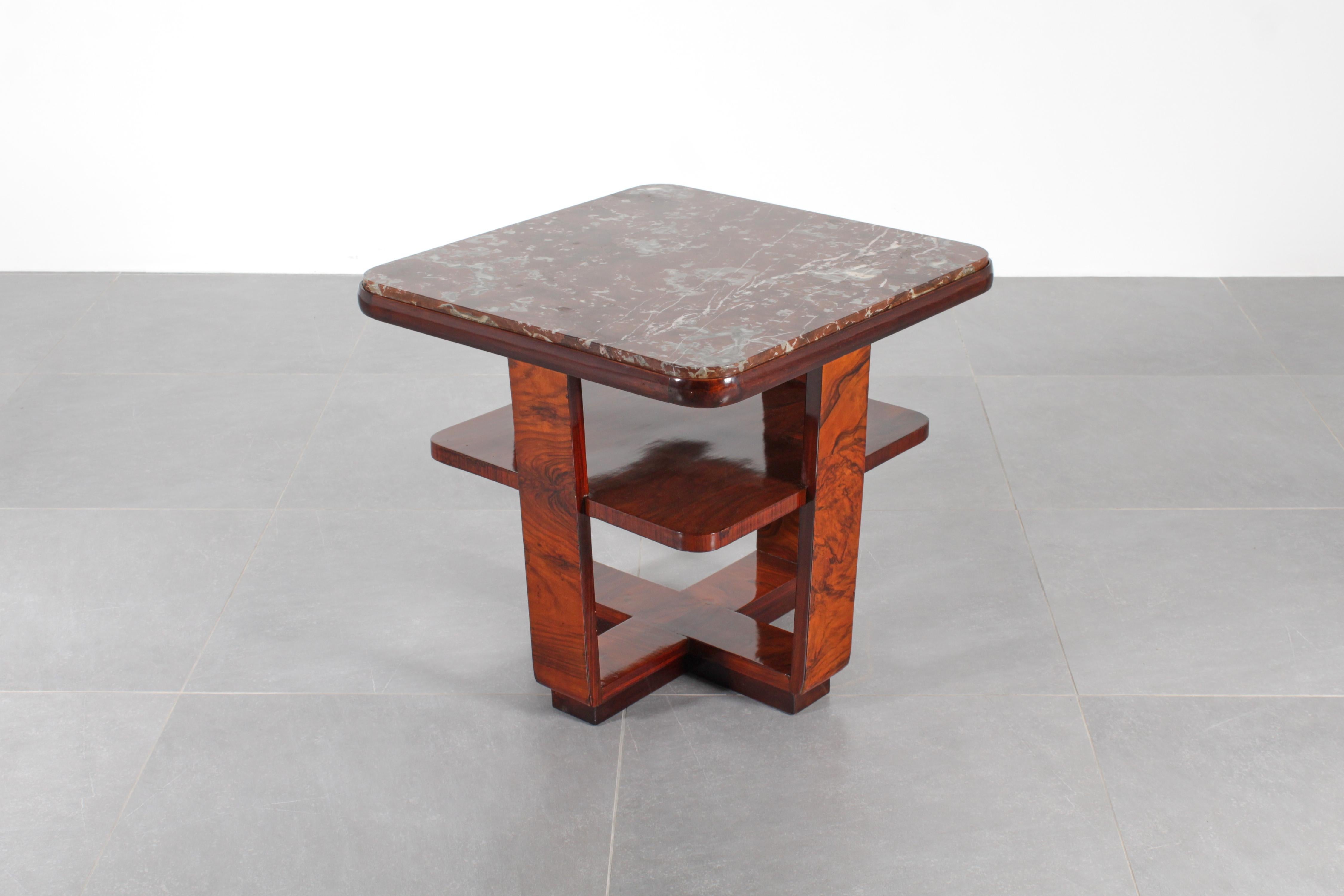 Mid-20th Century Art Déco O.Borsani Style Square Table in Bent Wood and Dark Red Marble 30s Italy