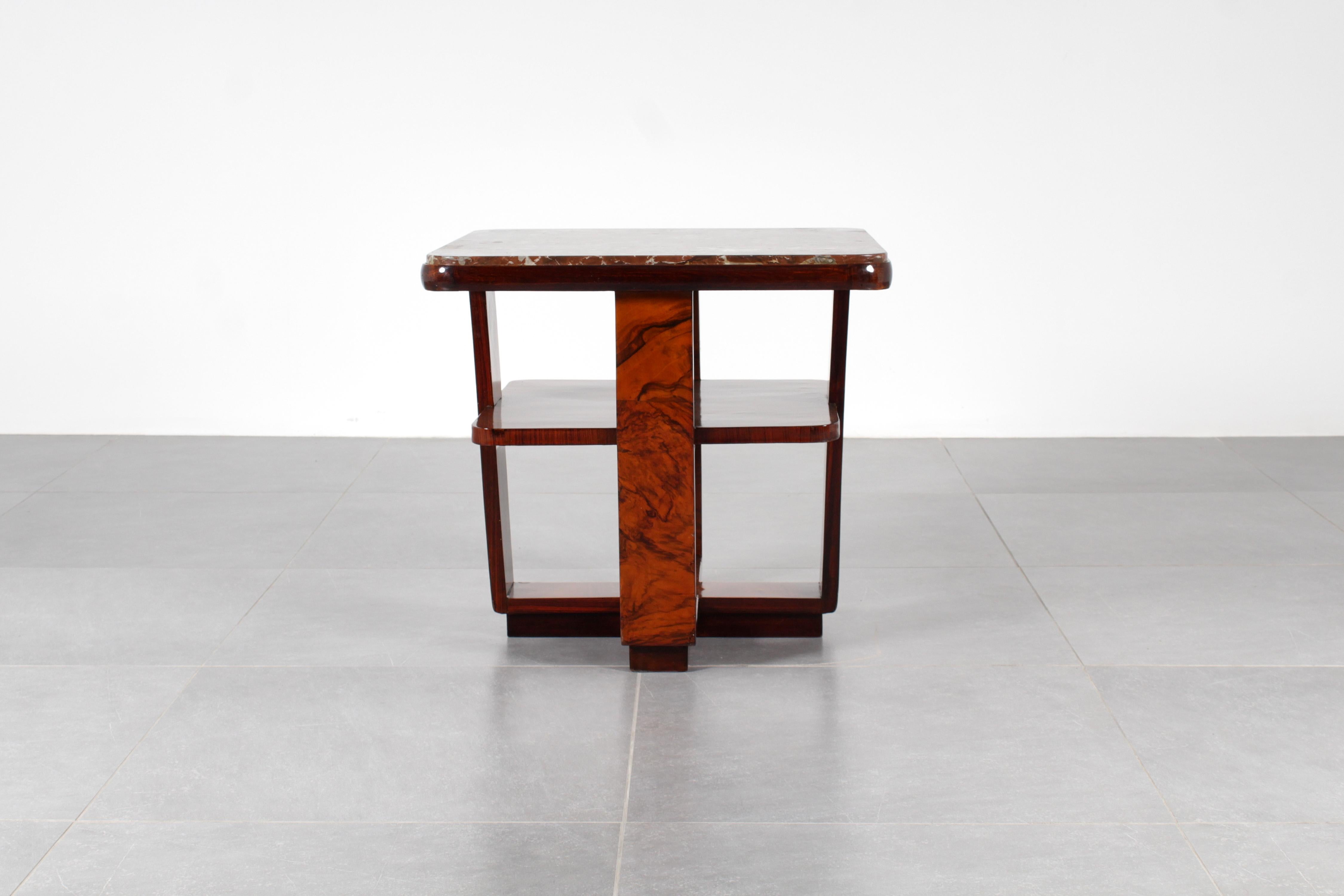Art Déco O.Borsani Style Square Table in Bent Wood and Dark Red Marble 30s Italy 1