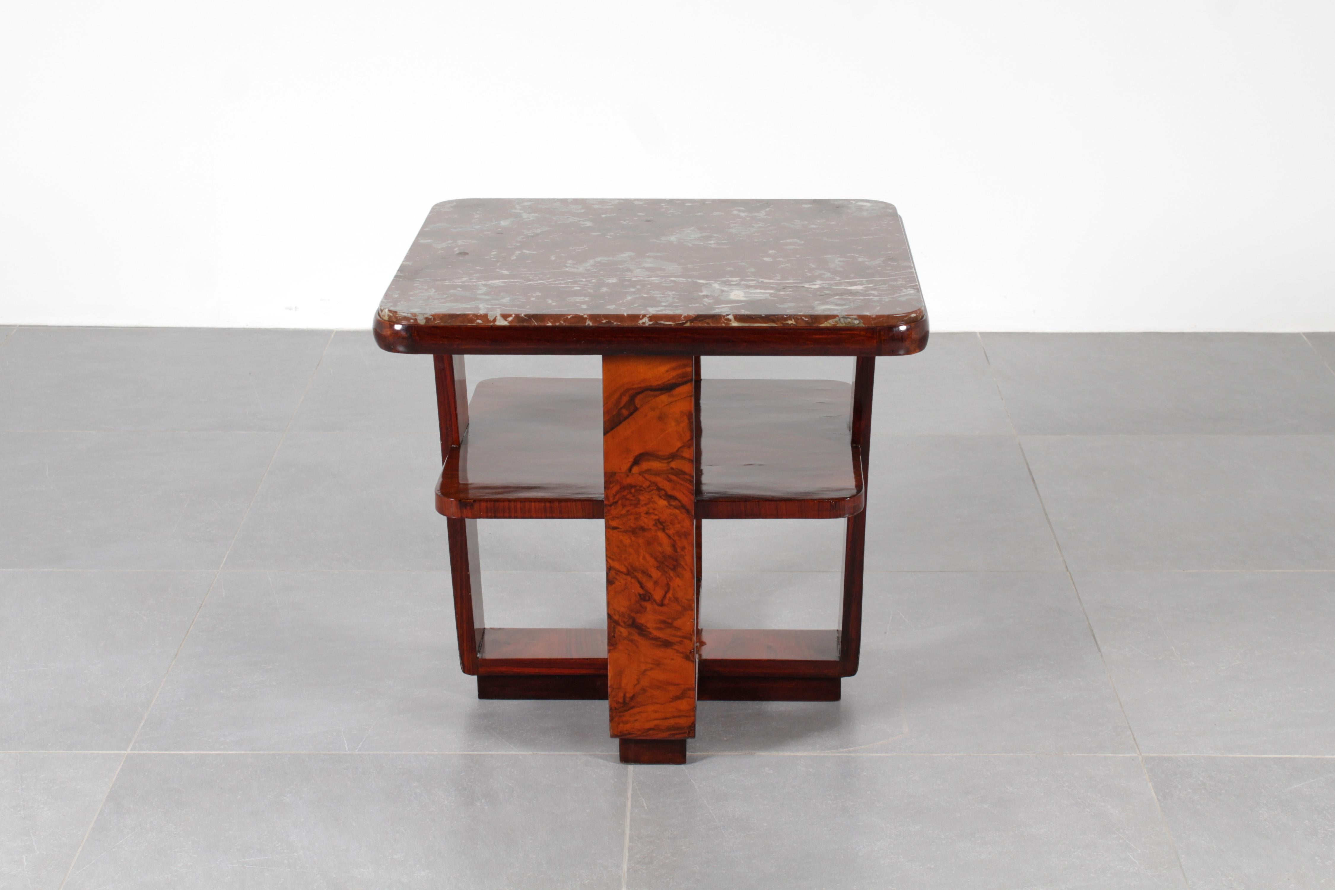 Art Déco O.Borsani Style Square Table in Bent Wood and Dark Red Marble 30s Italy 2