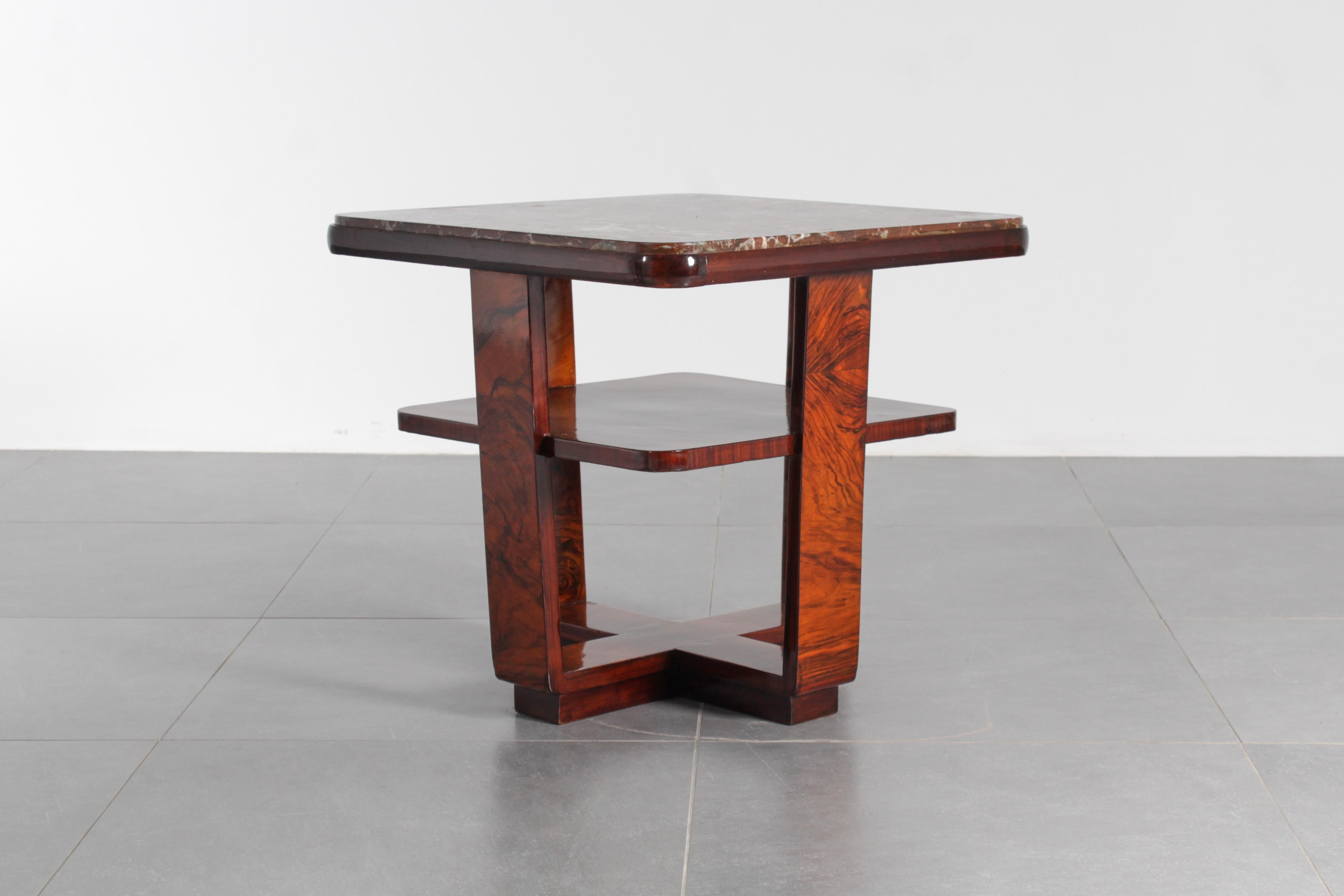Art Déco O.Borsani Style Square Table in Bent Wood and Dark Red Marble 30s Italy 3