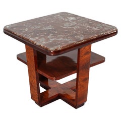 Art Déco O.Borsani Style Square Table in Bent Wood and Dark Red Marble 30s Italy