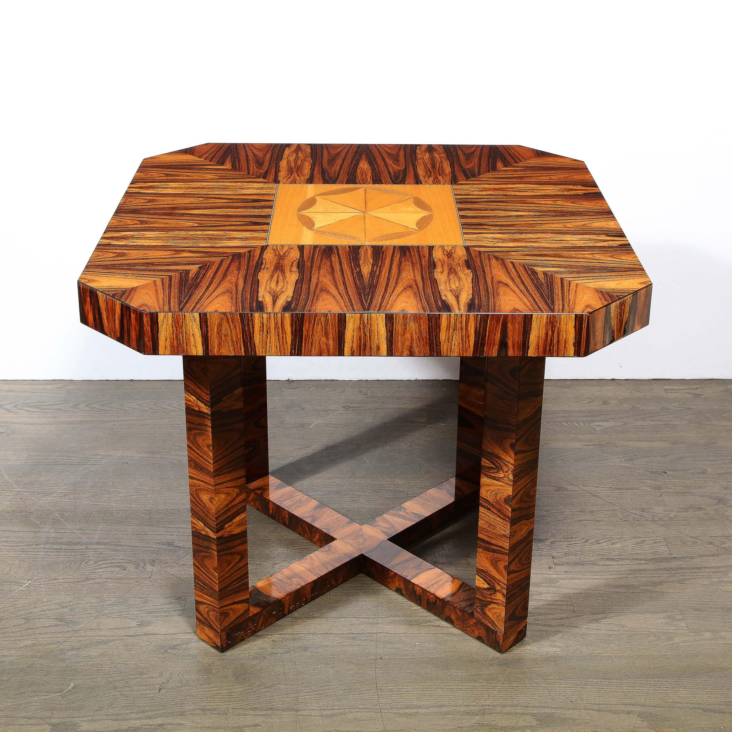French Art Deco Occasional Table in Bookmatched Zebrawood with Walnut & Elm Marquetry For Sale
