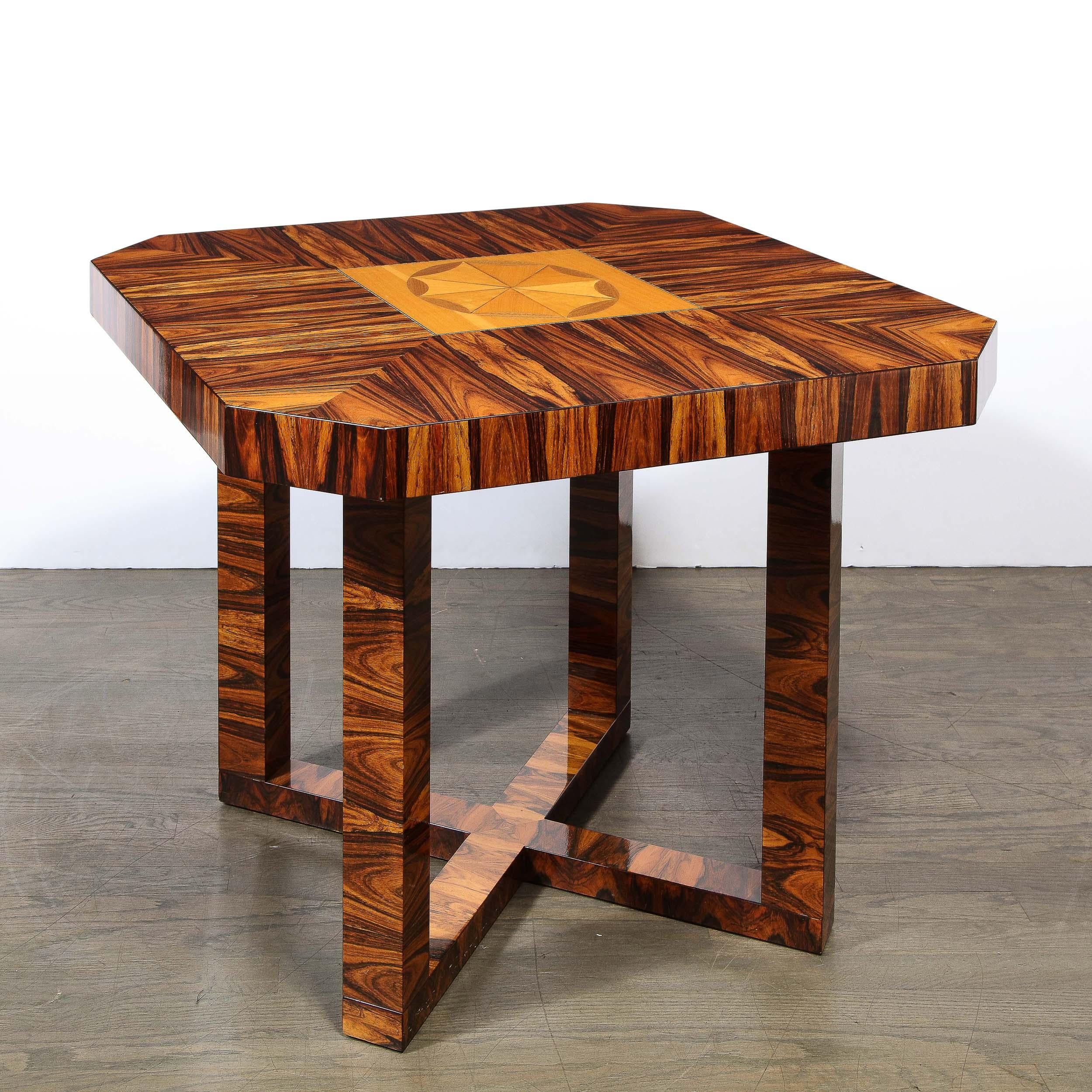 Art Deco Occasional Table in Bookmatched Zebrawood with Walnut & Elm Marquetry In Excellent Condition For Sale In New York, NY