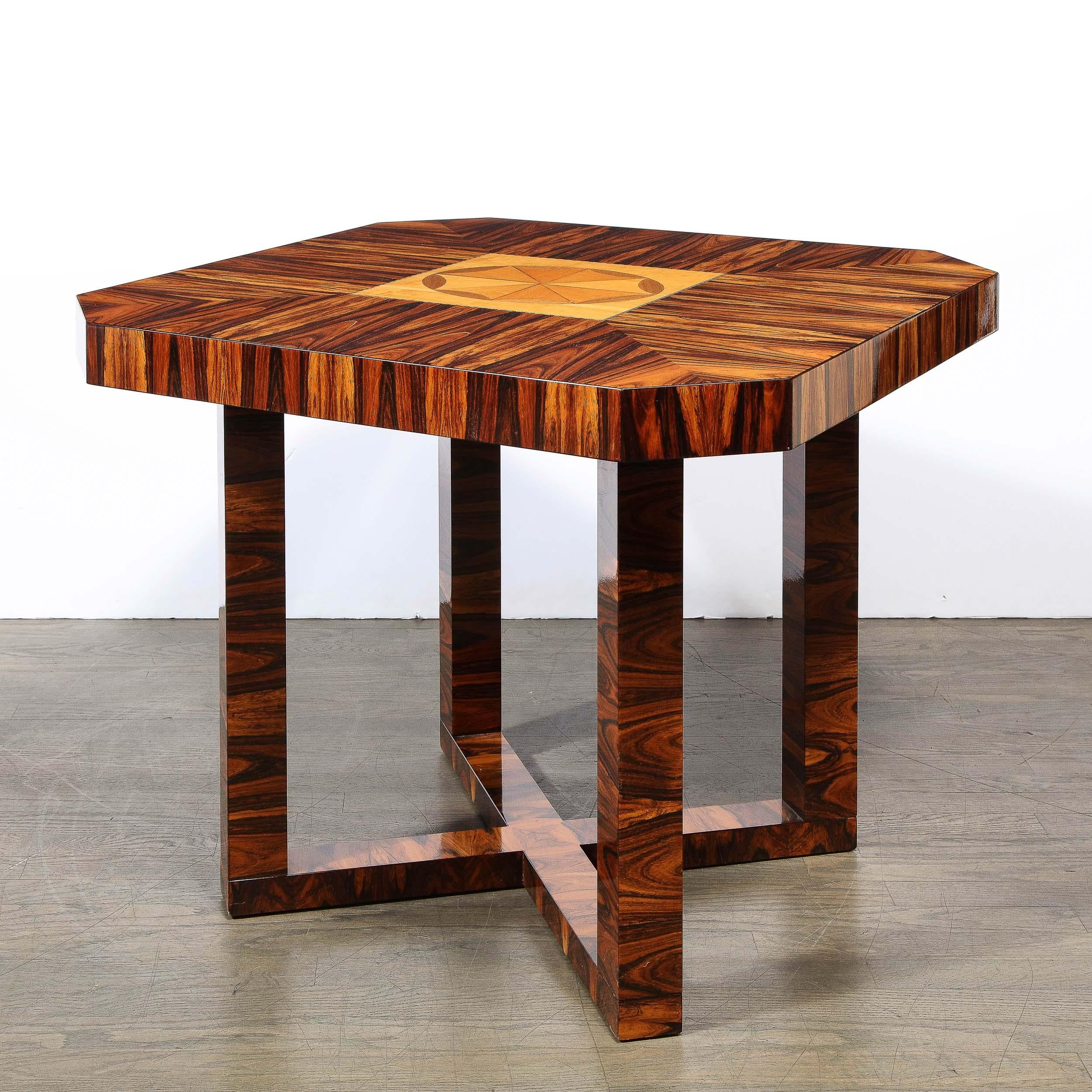 Art Deco Occasional Table in Bookmatched Zebrawood with Walnut & Elm Marquetry For Sale 1