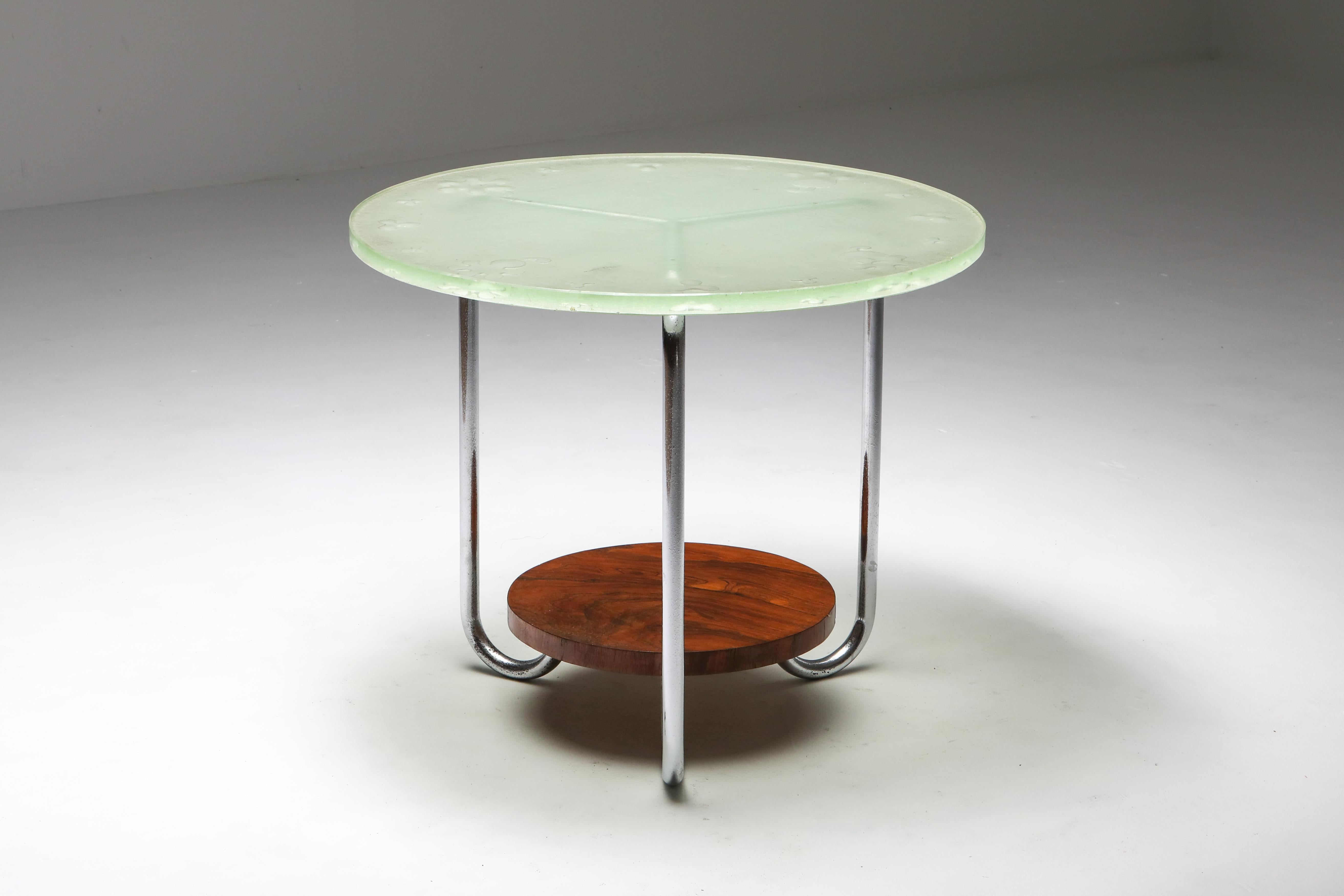 French Art Deco Occasional Table with Thick Etched Glass Top