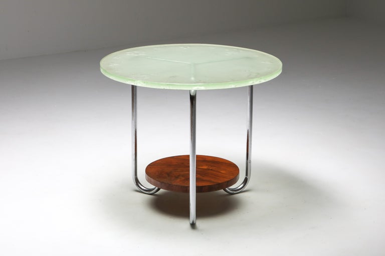 French Art Deco Occasional Table with Thick Etched Glass Top For Sale