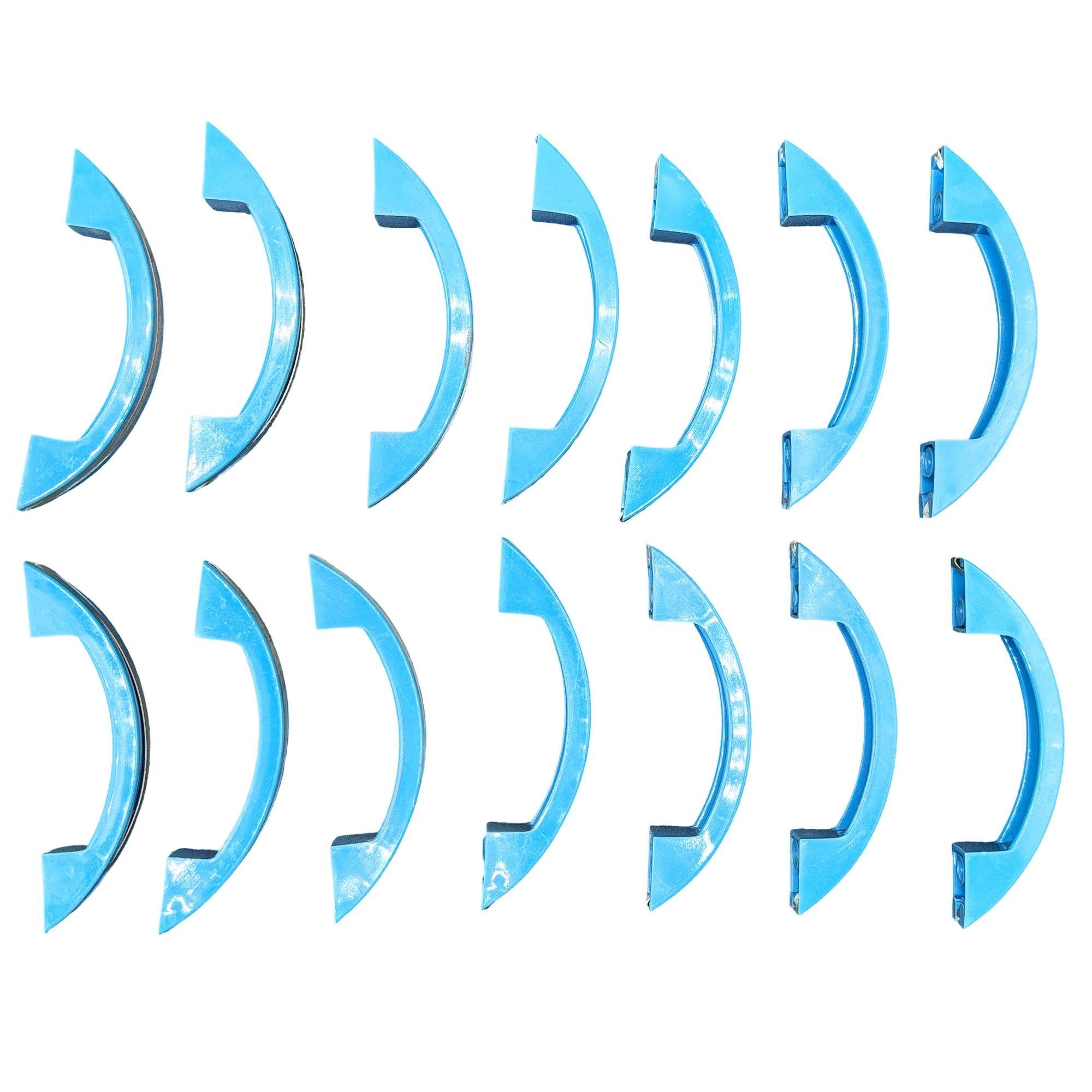 Mid-20th Century Art Deco Ocean Blue Bakelite Drawer Pulls w/ Chrome Strip, Set of 15 For Sale