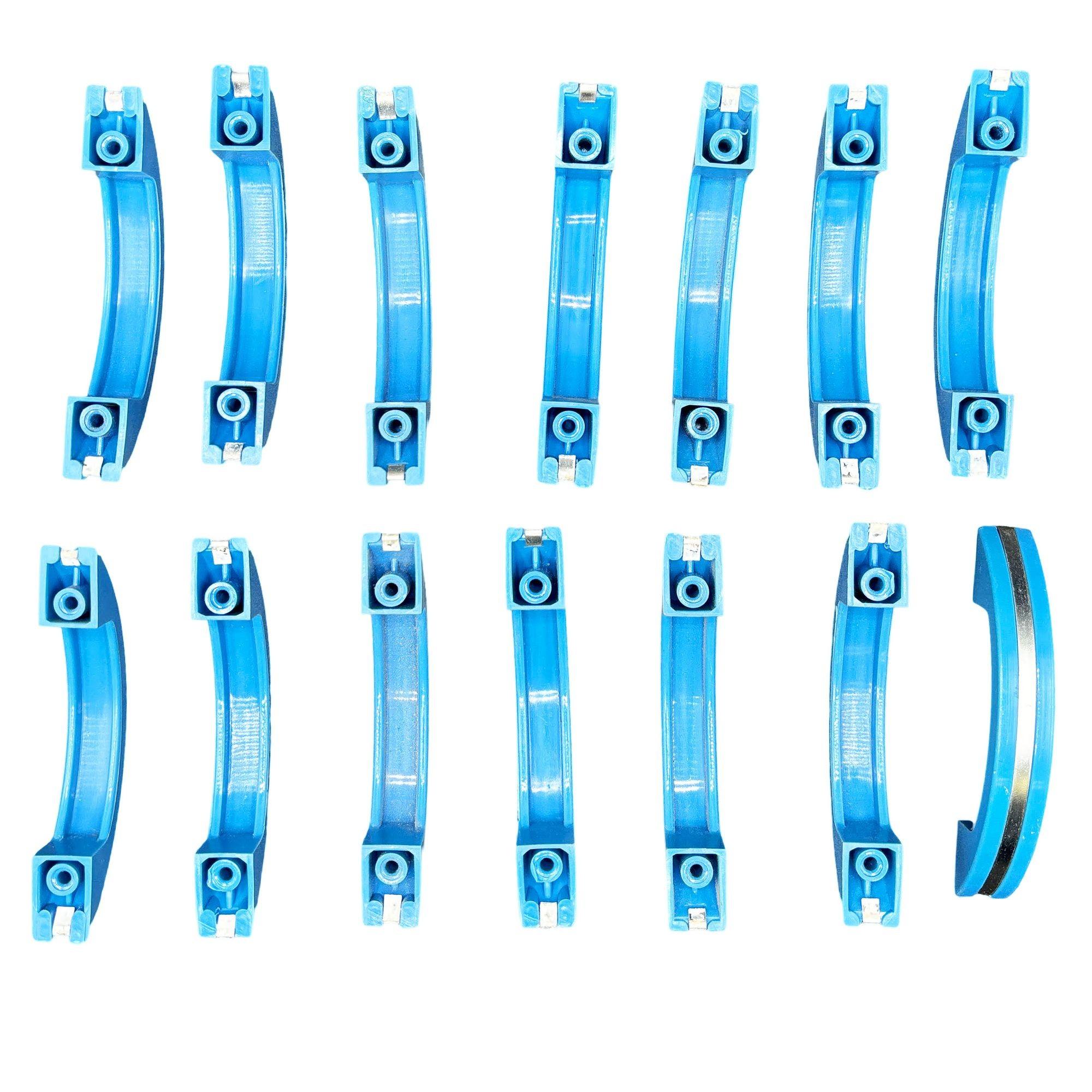 Art Deco Ocean Blue Bakelite Drawer Pulls w/ Chrome Strip, Set of 15 For Sale 1