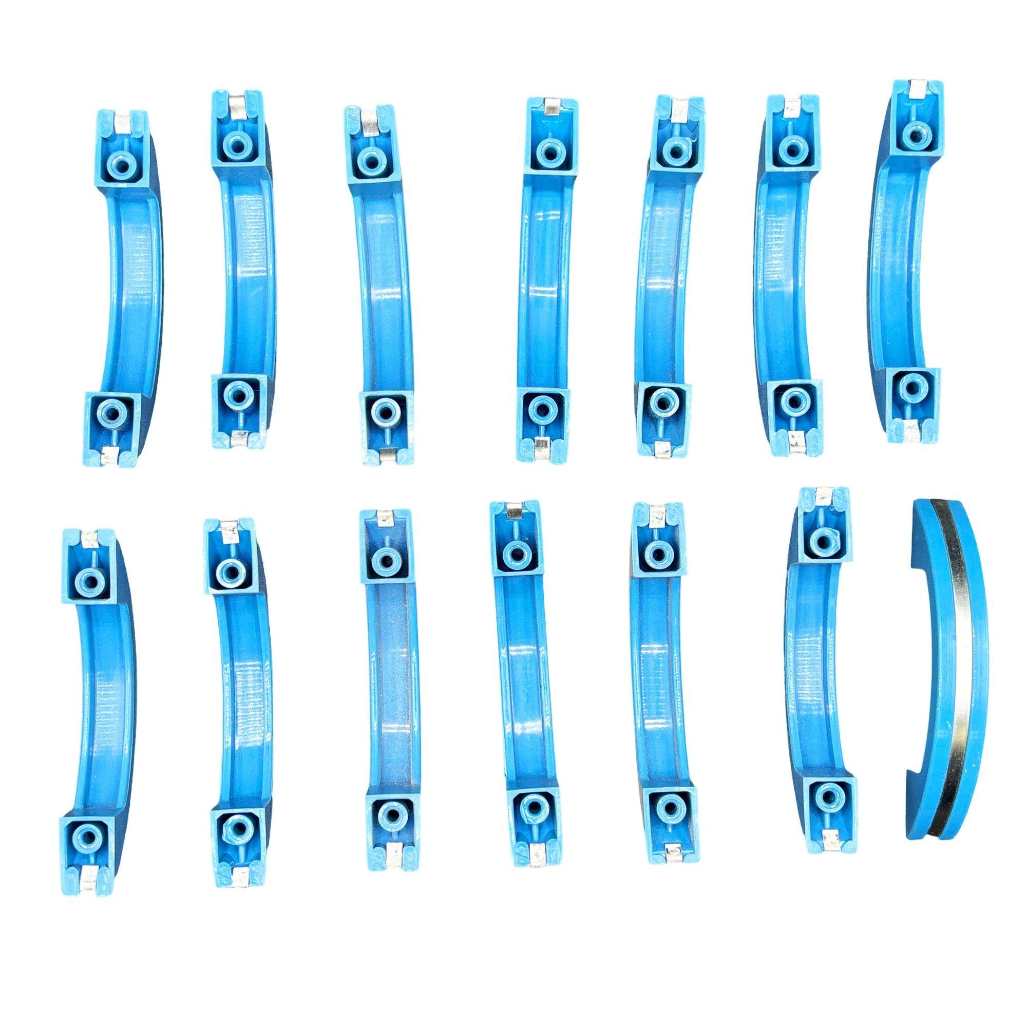 Art Deco Ocean Blue Bakelite Drawer Pulls w/ Chrome Strip, Set of 15 For Sale 2