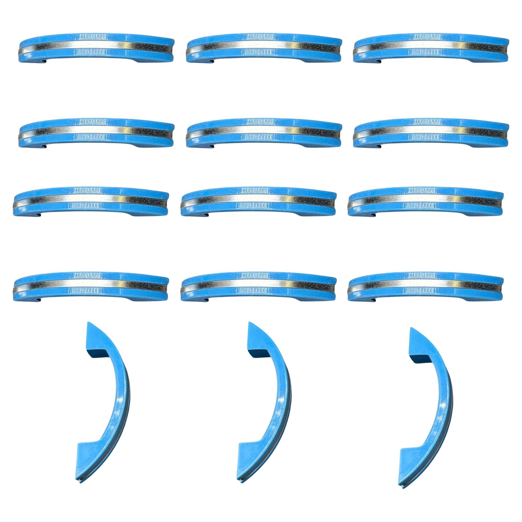 Art Deco Ocean Blue Bakelite Drawer Pulls w/ Chrome Strip, Set of 15