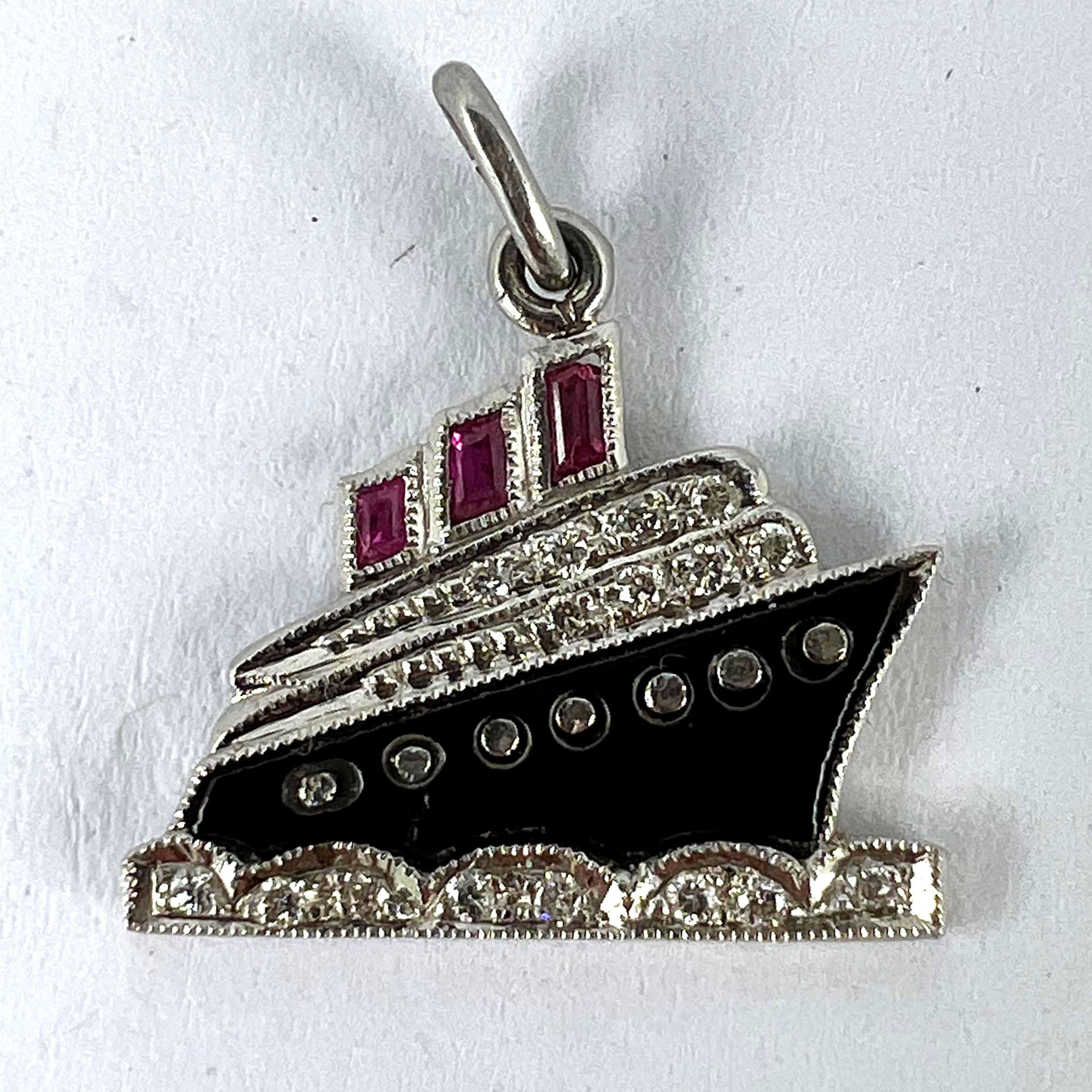 Art Deco Ocean Liner Steam Ship Boat Platinum Diamond Ruby Onyx Charm Pendant 8