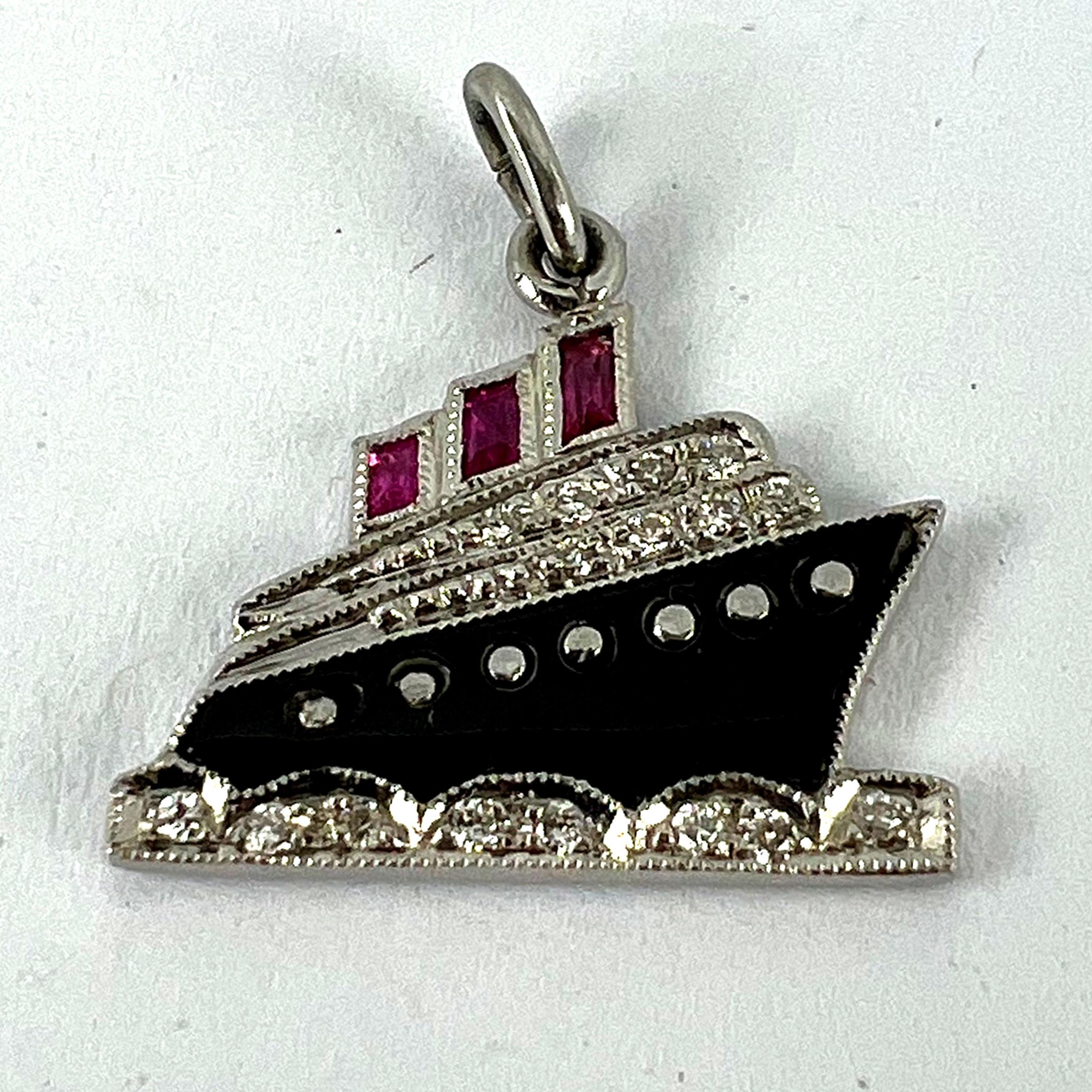 Art Deco Ocean Liner Steam Ship Boat Platinum Diamond Ruby Onyx Charm Pendant 9