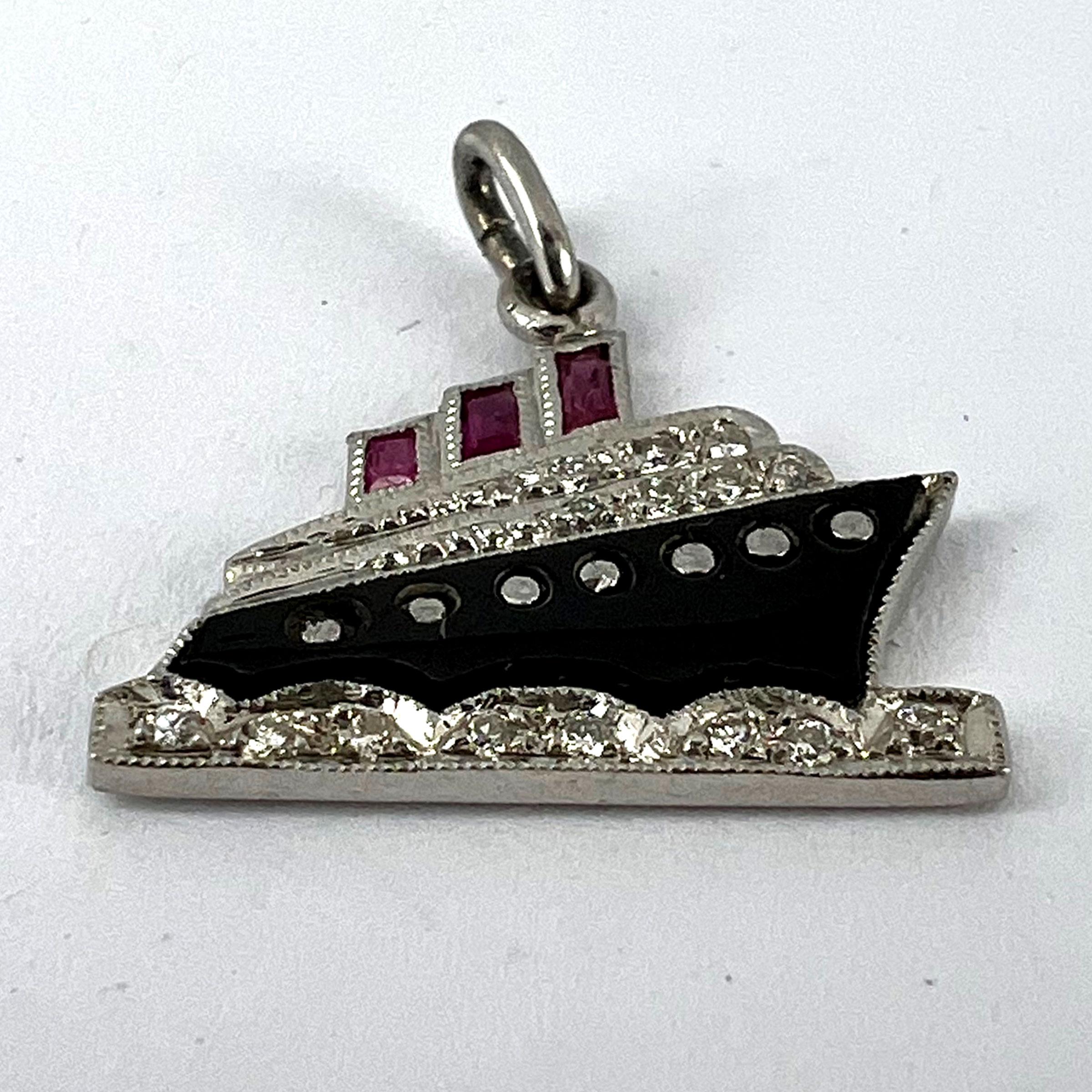 Art Deco Ocean Liner Steam Ship Boat Platinum Diamond Ruby Onyx Charm Pendant 10