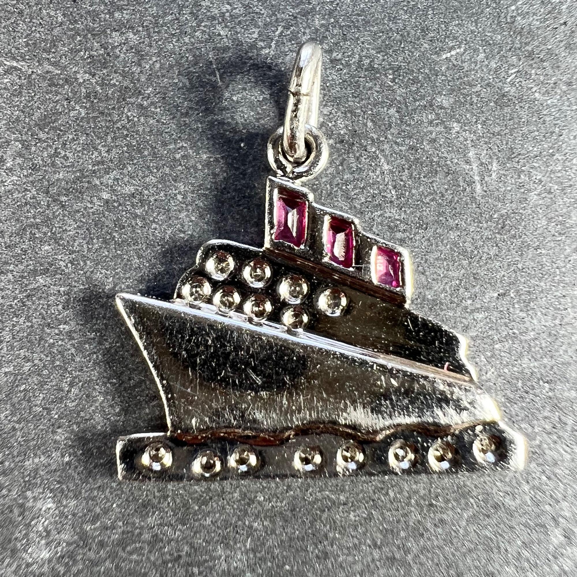 Art Deco Ocean Liner Steam Ship Boat Platinum Diamond Ruby Onyx Charm Pendant In Good Condition In London, GB