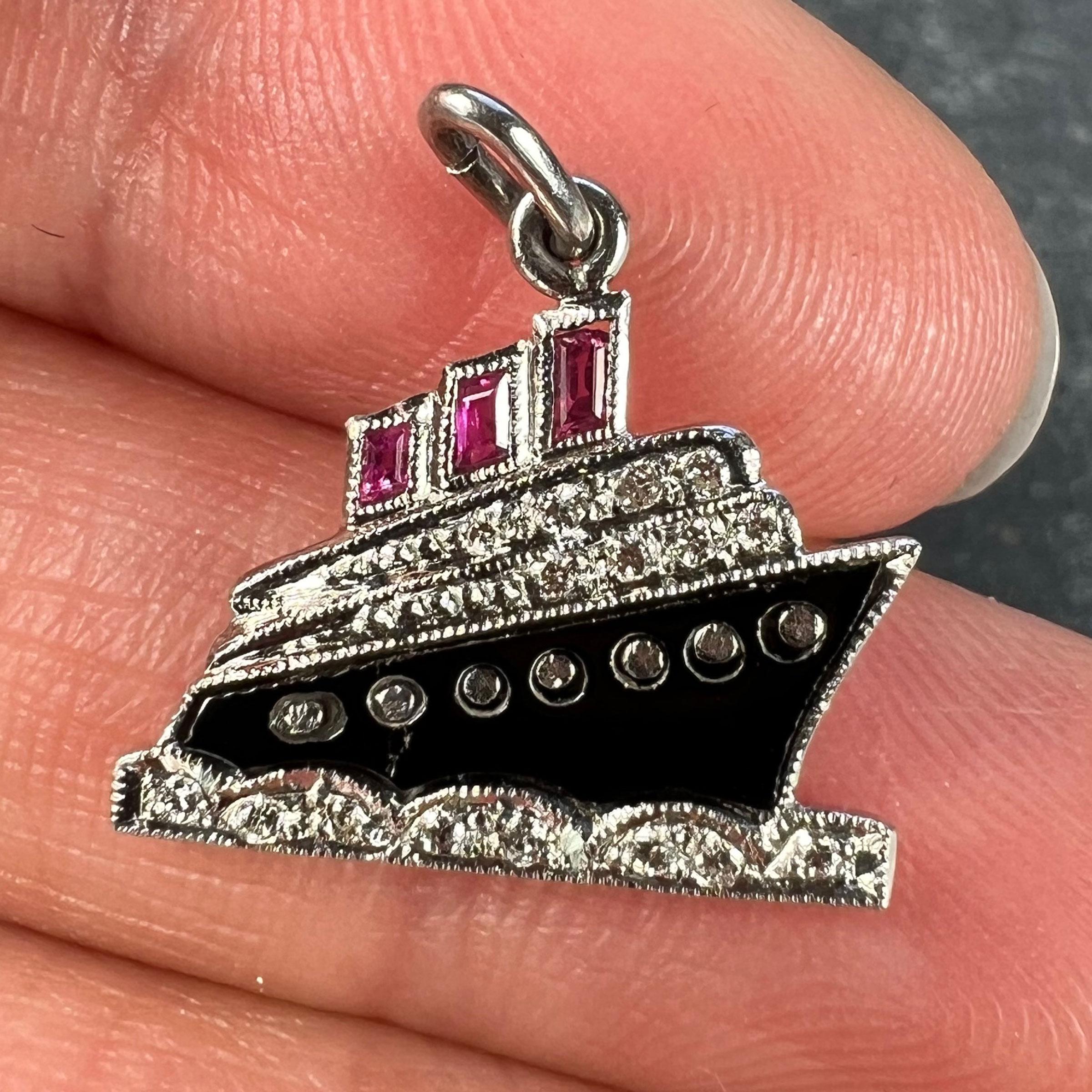 Art Deco Ocean Liner Steam Ship Boat Platinum Diamond Ruby Onyx Charm Pendant 1