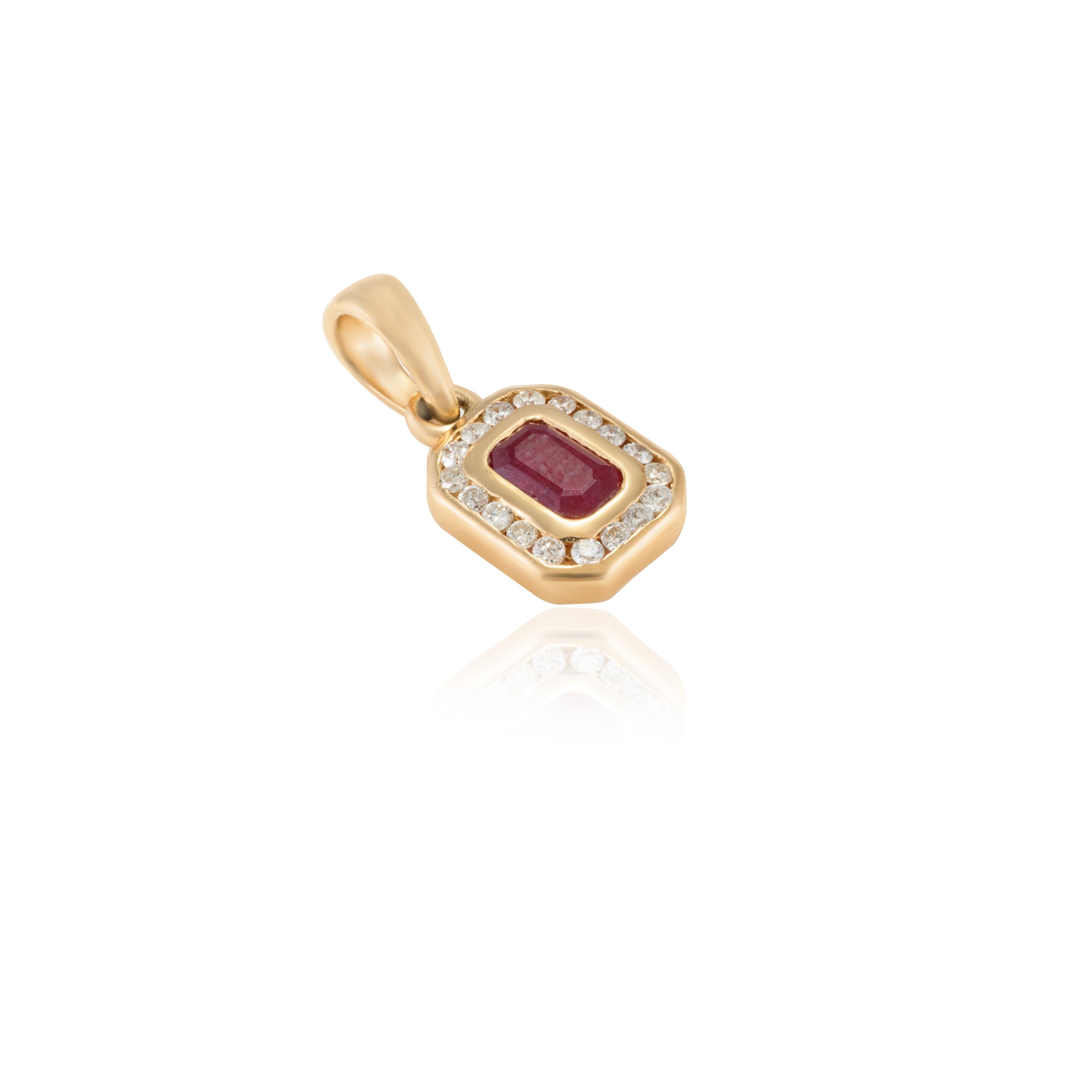 Octagon Cut Art Deco Octagon Ruby and Diamond Halo Pendant in 14k Yellow Gold For Sale