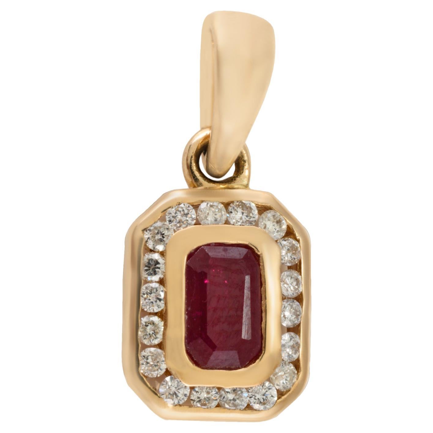 Art Deco Octagon Ruby and Diamond Halo Pendant in 14k Yellow Gold For Sale