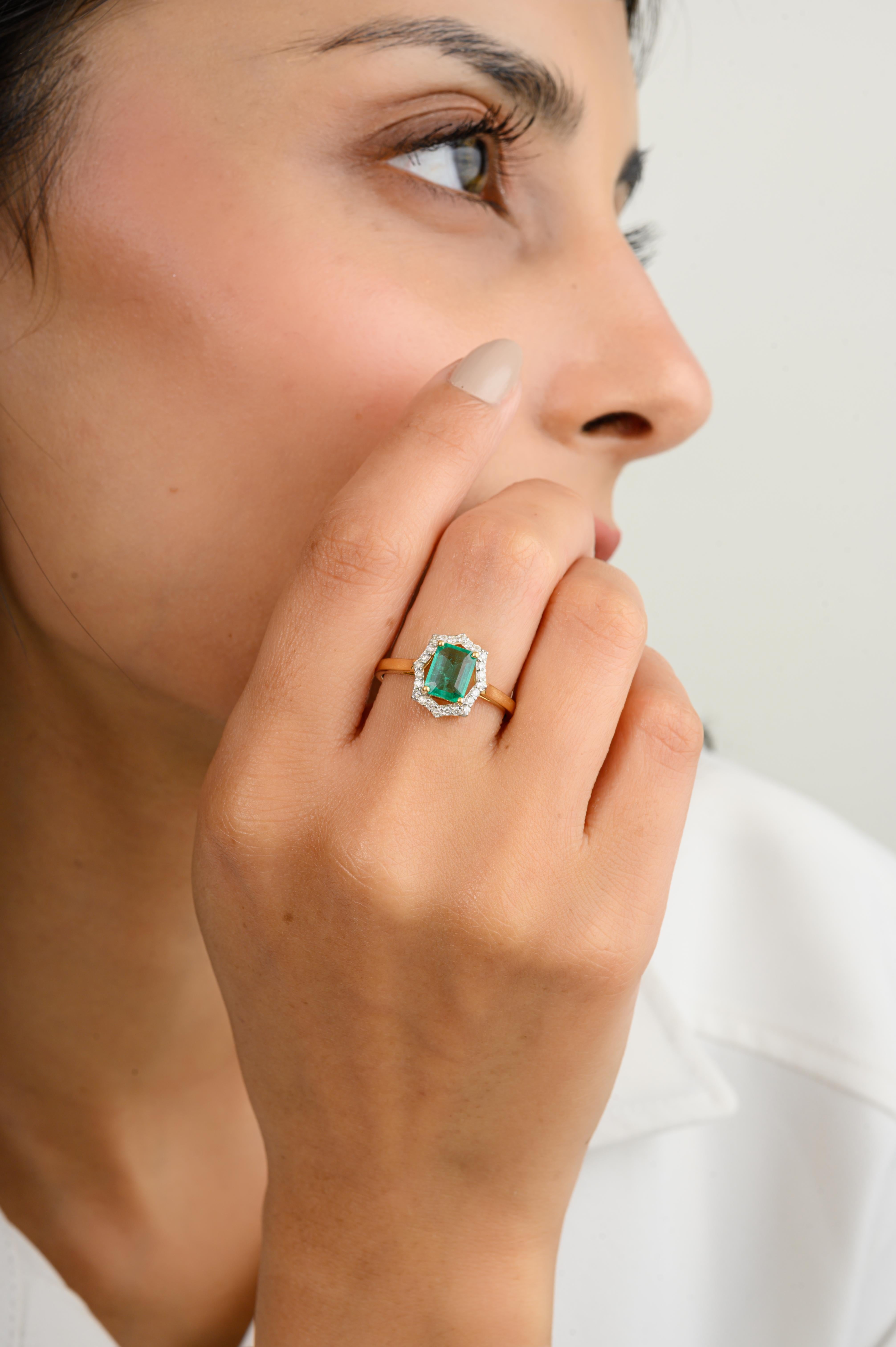 For Sale:  Art Deco Octagon May Birthstone Emerald Diamond Halo Ring in 18k Yellow Gold 2