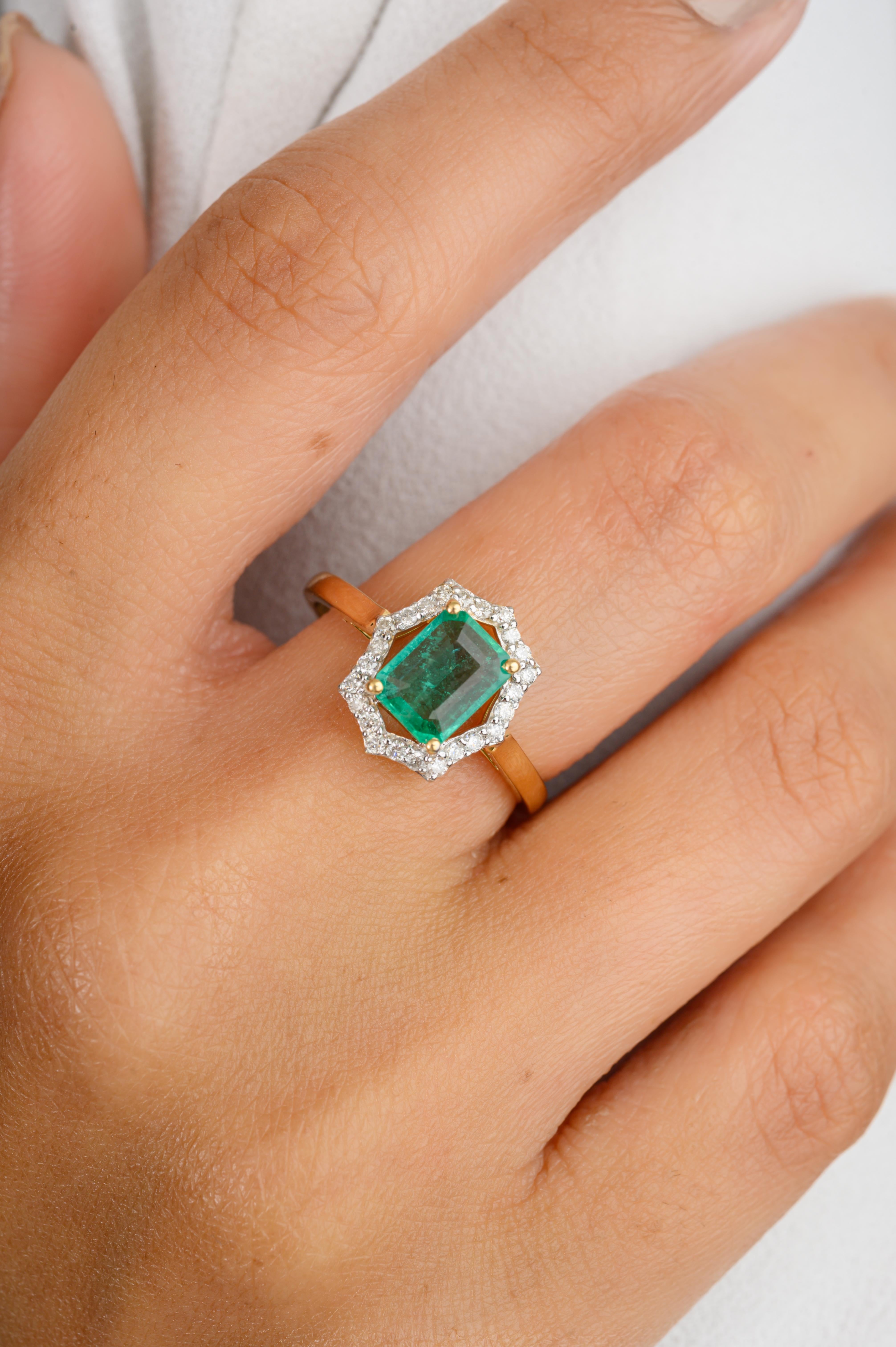 For Sale:  Art Deco Octagon May Birthstone Emerald Diamond Halo Ring in 18k Yellow Gold 4