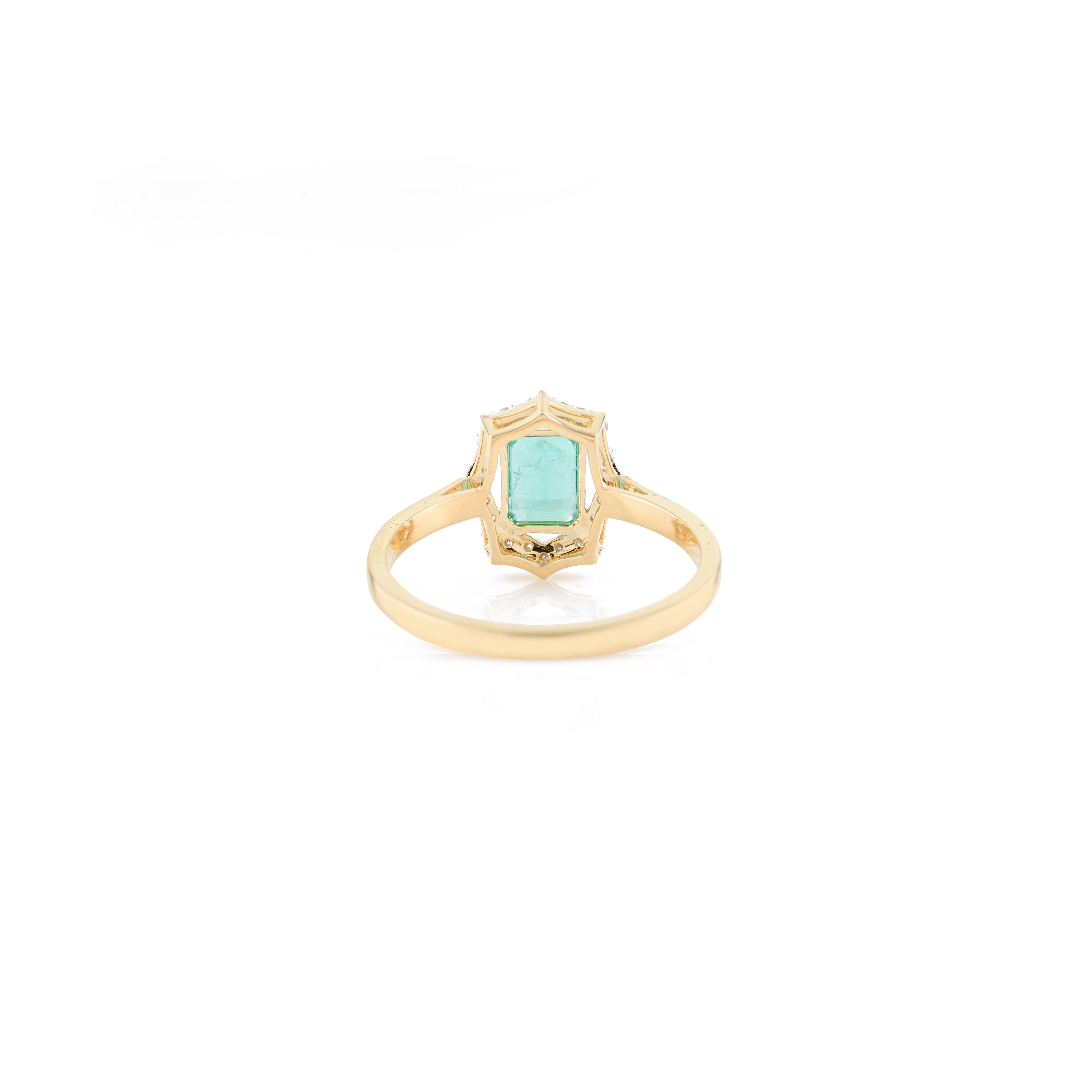 For Sale:  Art Deco Octagon May Birthstone Emerald Diamond Halo Ring in 18k Yellow Gold 5