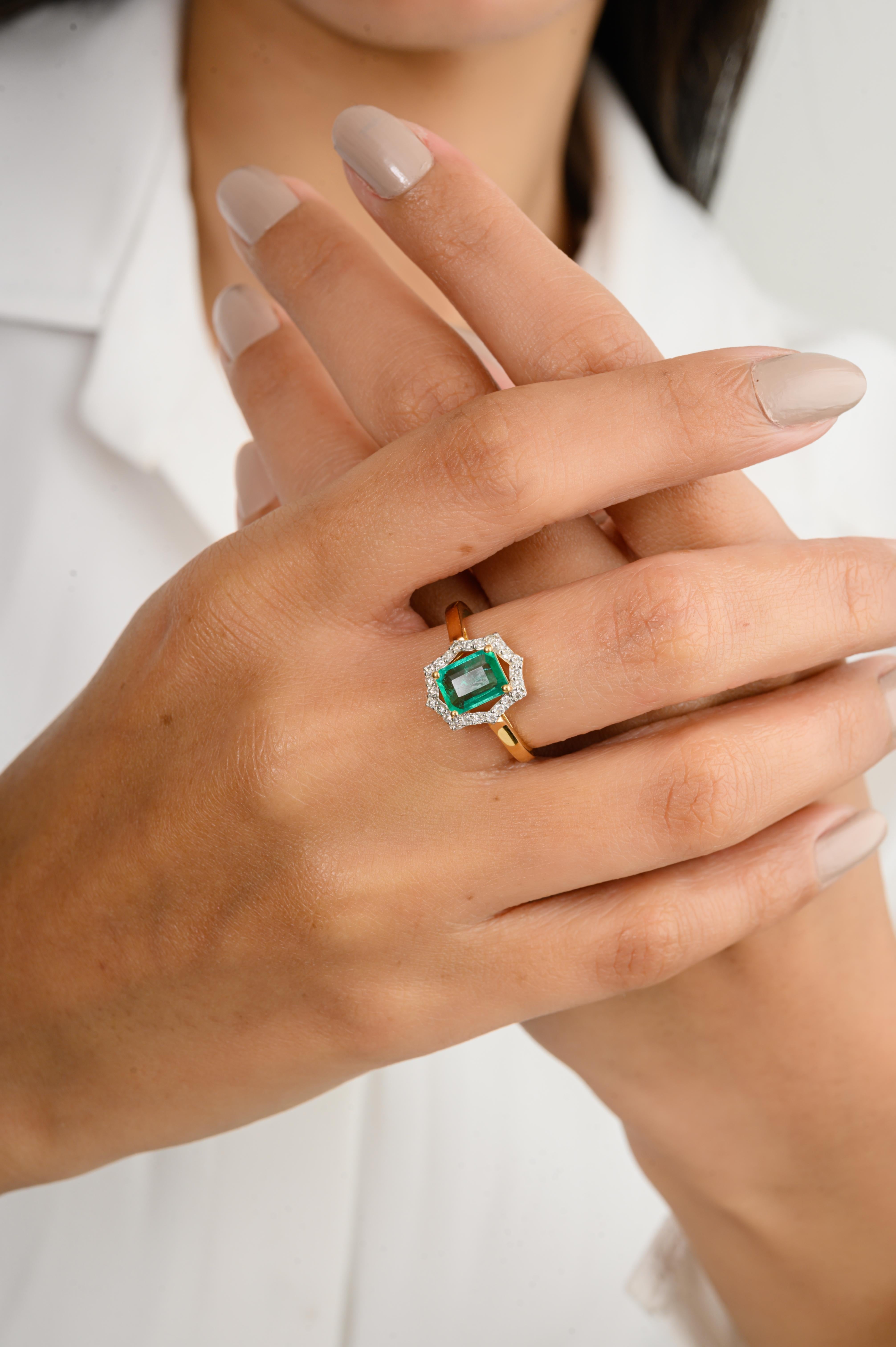 For Sale:  Art Deco Octagon May Birthstone Emerald Diamond Halo Ring in 18k Yellow Gold 8