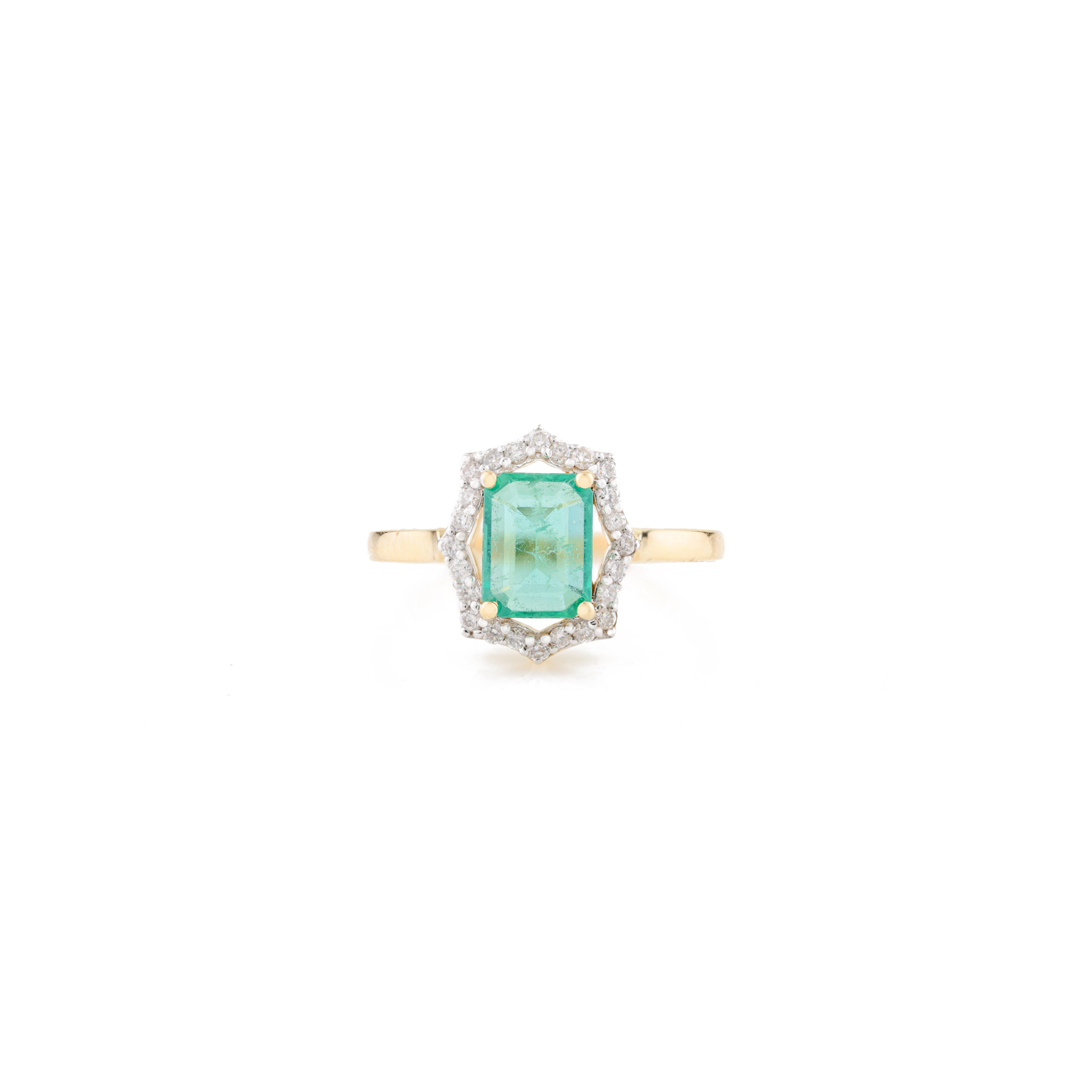 For Sale:  Art Deco Octagon May Birthstone Emerald Diamond Halo Ring in 18k Yellow Gold 9
