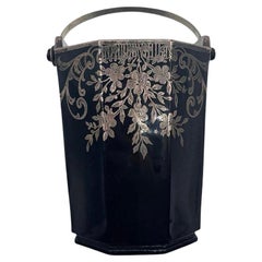 Art Deco Octagon Onyx Glass Ice Bucket w/ Silver Handle & Inlaid Floral
