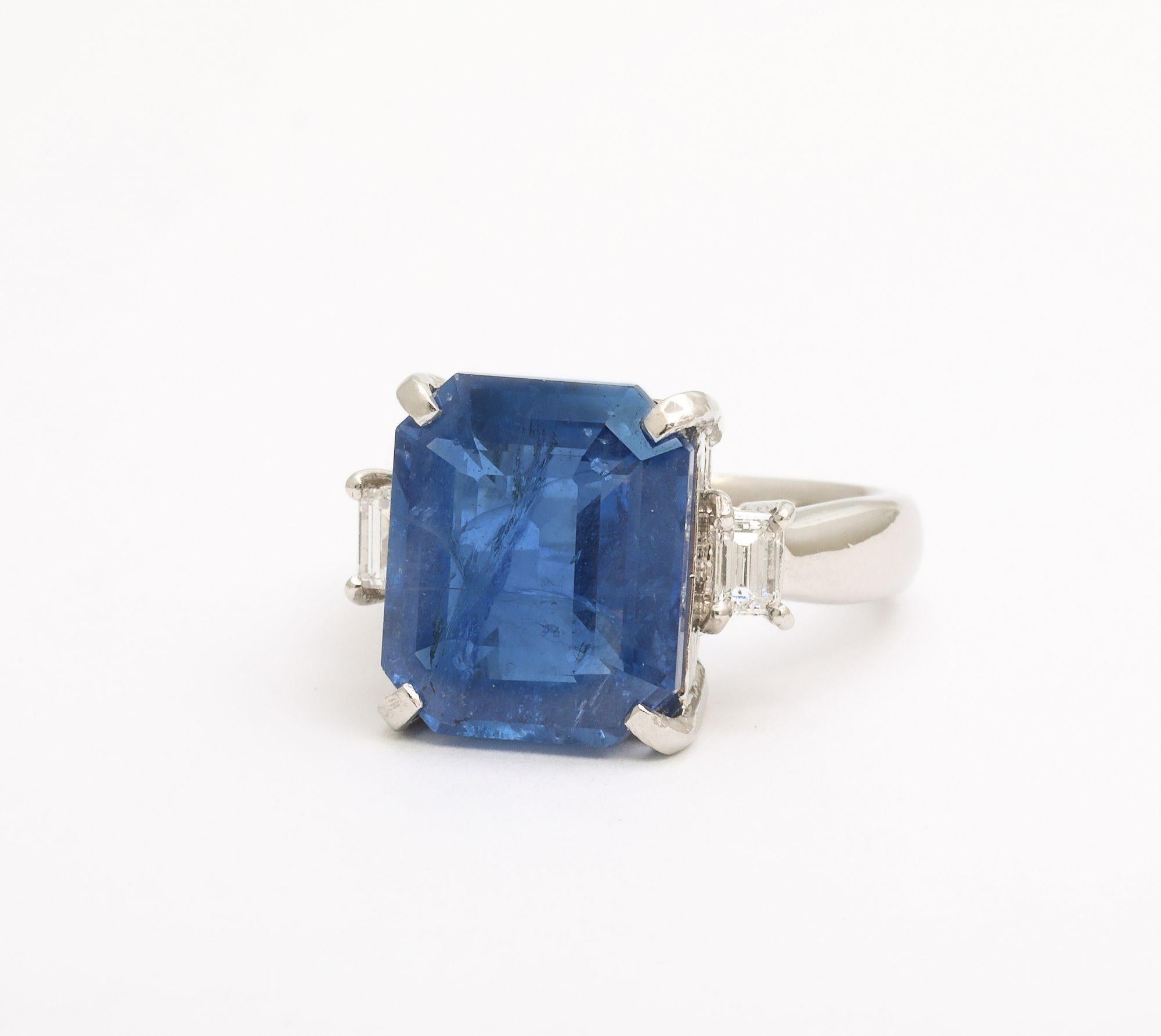 Octagon Cut Art Deco Octagonal 10 ct Ceylon Sapphire Engagement Ring with Diamond Baguettes For Sale
