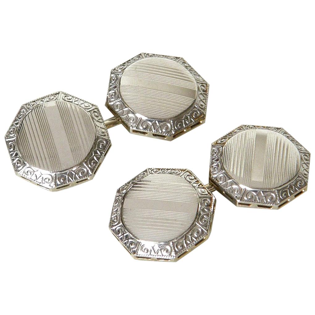 Art Deco Octagonal 14K White and Yellow Gold Geometric Cufflinks in Original Box For Sale