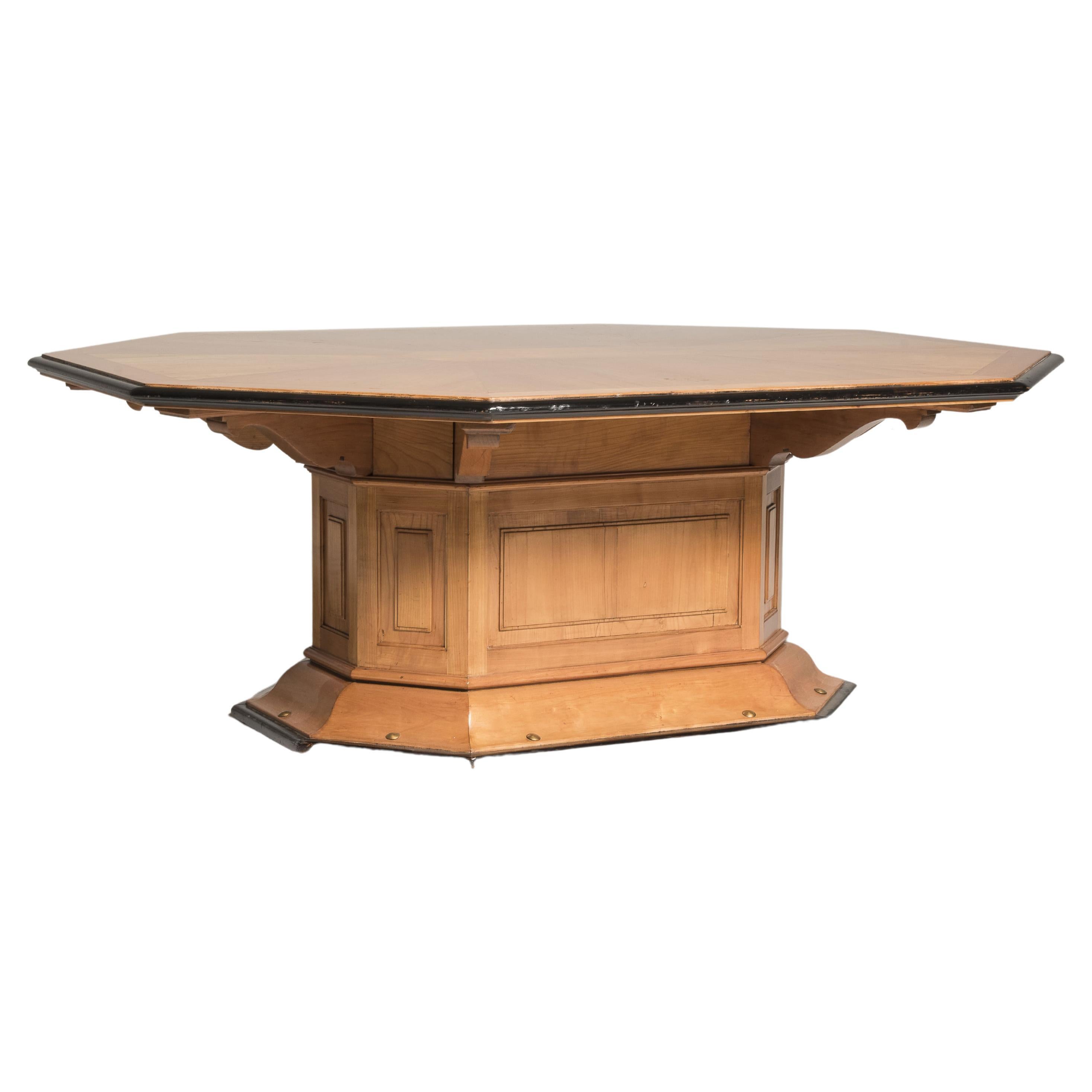 Art Deco Octagonal Cherrywood Table with Black Borders and Brass Details For Sale