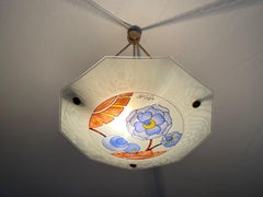 Art Deco Octagonal Enameled w. Vibrant Colors Glass Pendant Light by Loys Lucha