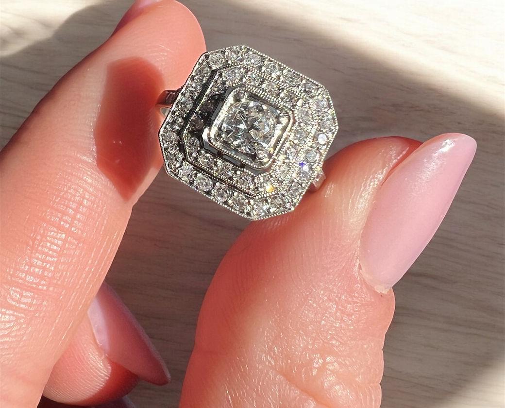 Art Deco Octagonal Engagement Ring, Platinum & Diamonds (French art-deco) For Sale 6