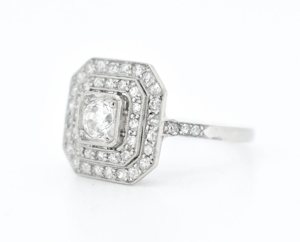 Old Mine Cut Art Deco Octagonal Engagement Ring, Platinum & Diamonds (French art-deco) For Sale