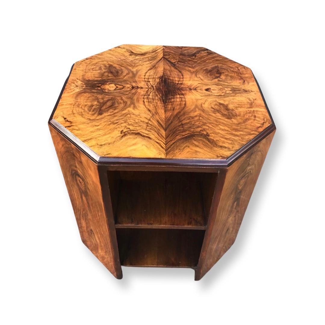 Art Deco Octagonal Figured Walnut Coffee Table/Book Shelves In Good Condition In Barnstaple, GB