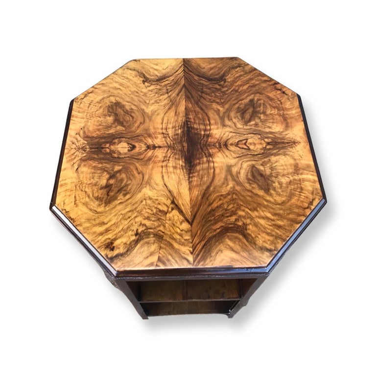 Mid-20th Century Art Deco Octagonal Figured Walnut Coffee Table/Book Shelves For Sale