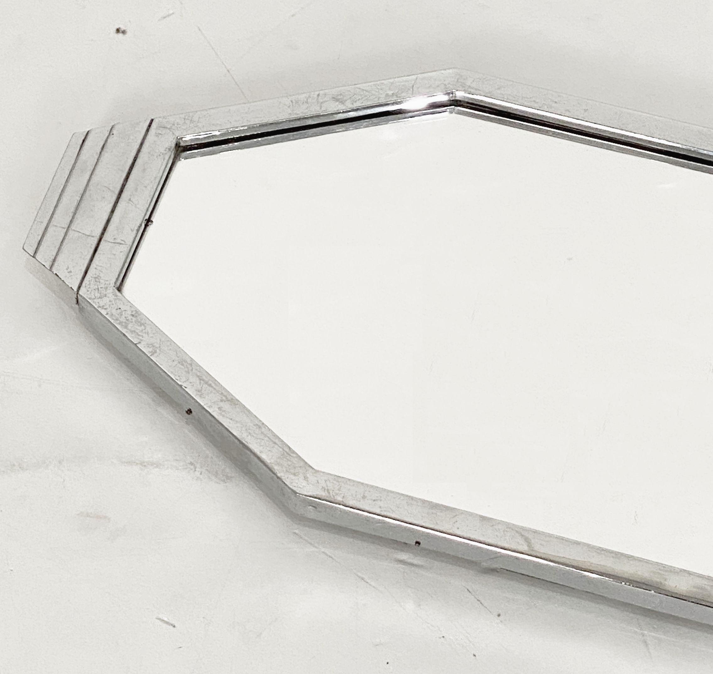 English Art Deco Octagonal Mirrored Glass Tray with Chrome Surround from England For Sale
