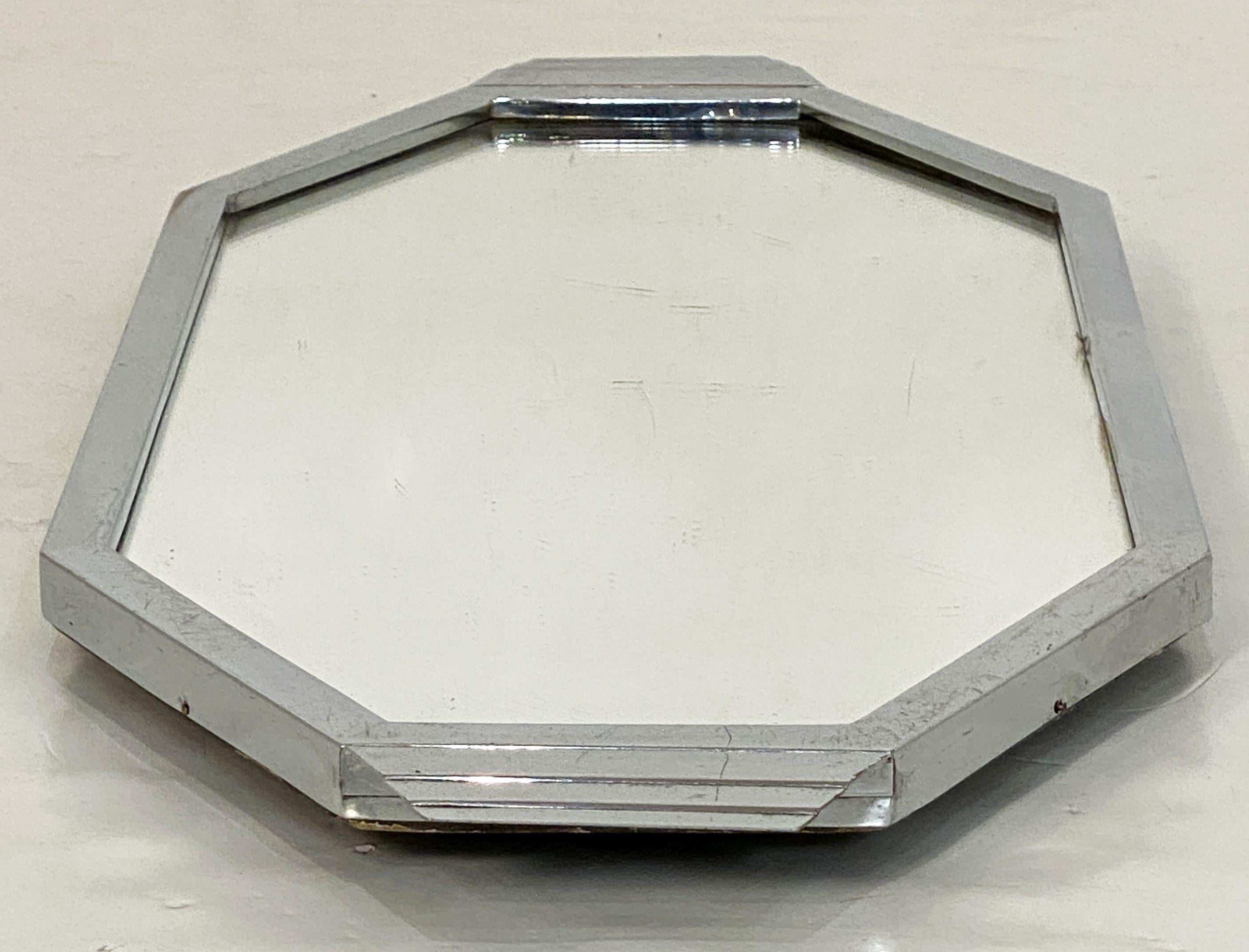 Metal Art Deco Octagonal Mirrored Glass Tray with Chrome Surround from England For Sale