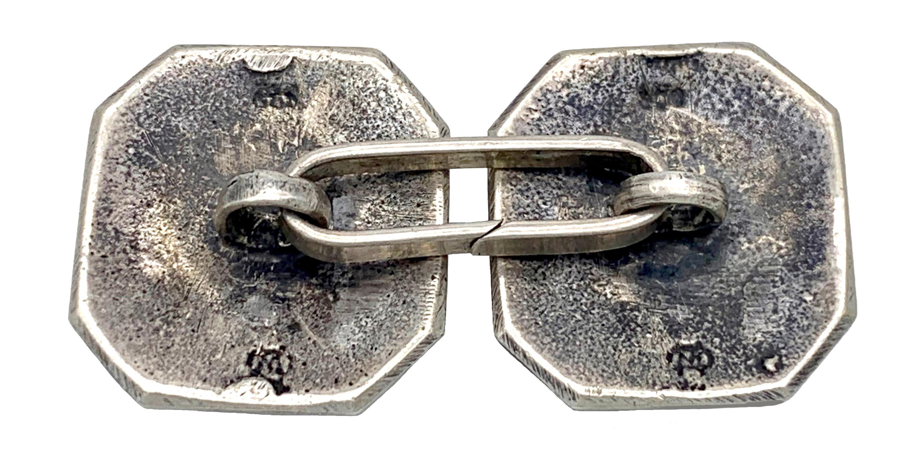 Men's Art Deco Octagonal Silver Cufflinks Leaves For Sale