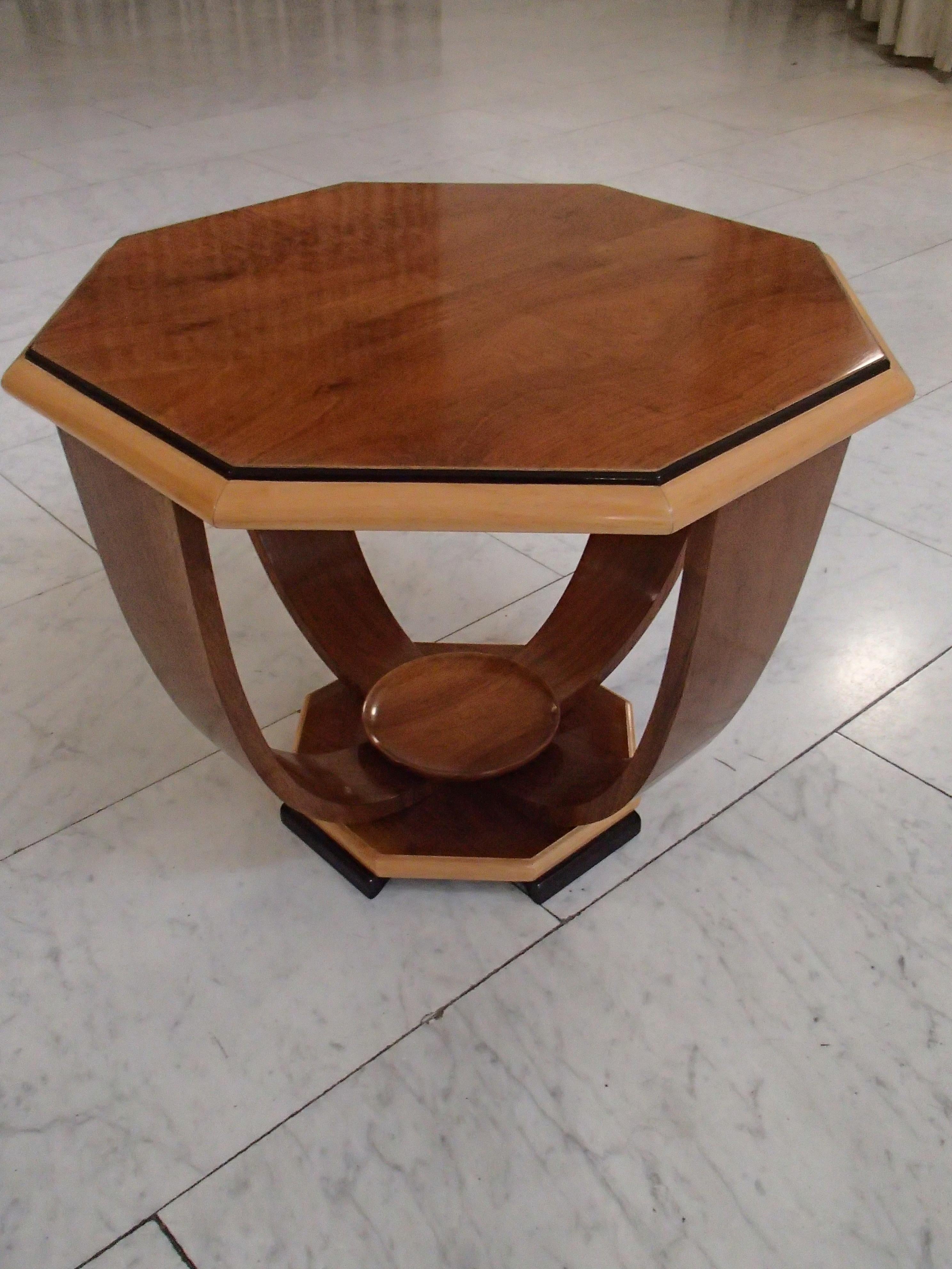 Art Deco Octagonal Table Full Walnut 4 Curbed Legs For Sale 7
