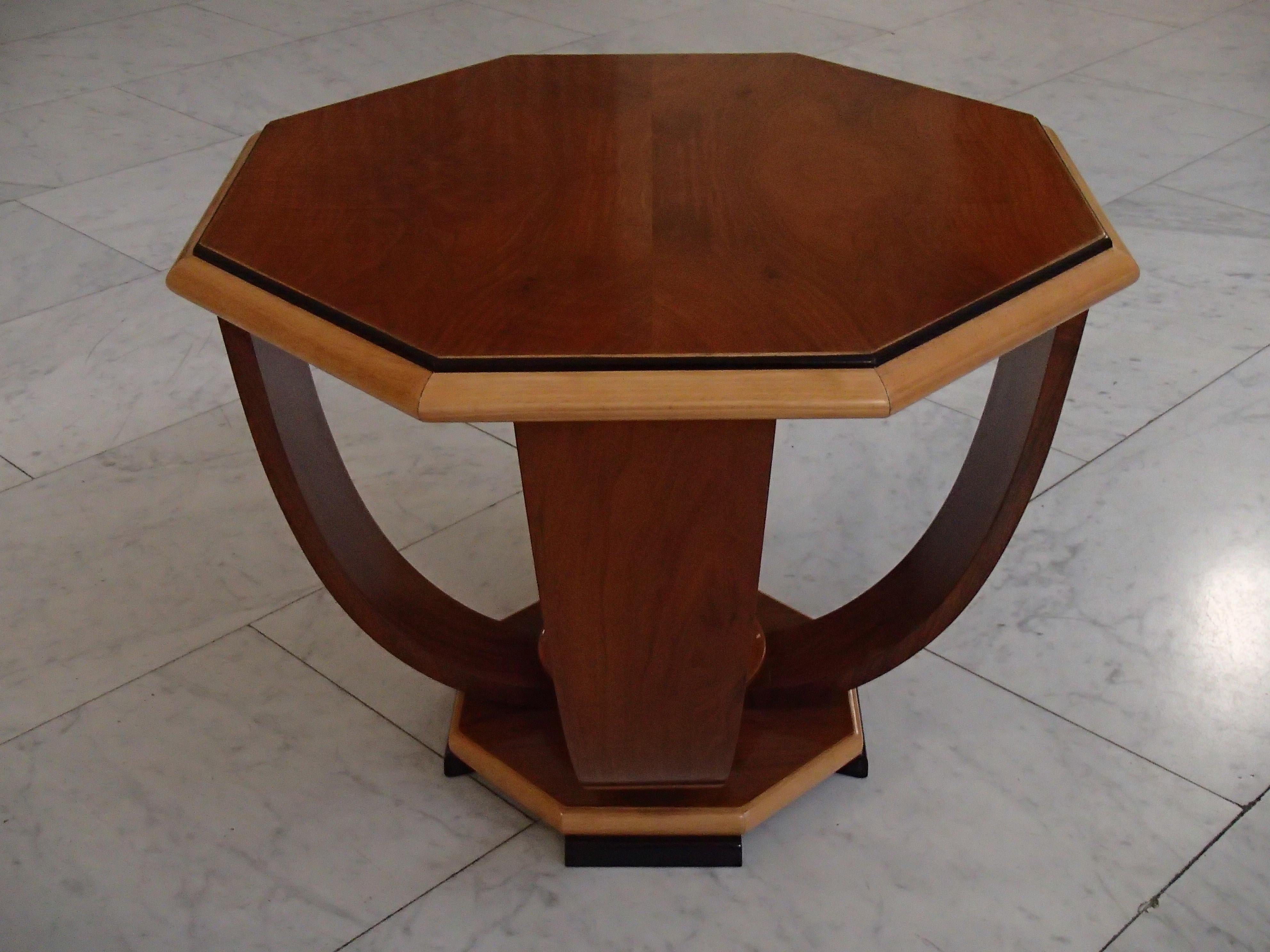 Art Deco octagonal elegant 3 tone table walnut on birch 4 curbed legs.