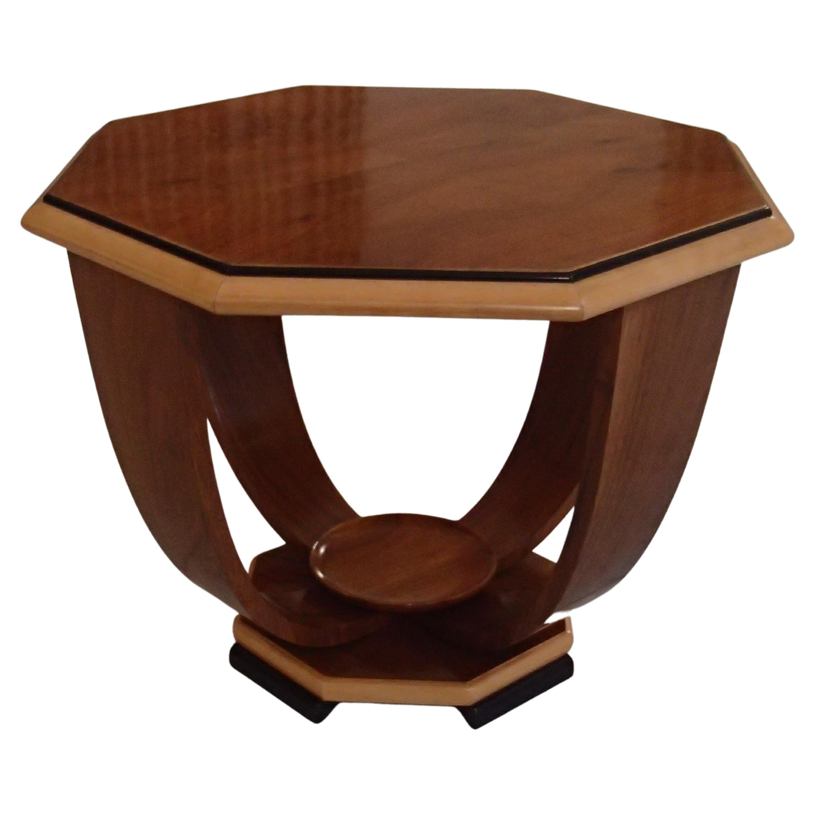 Art Deco Octagonal Table Full Walnut 4 Curbed Legs For Sale