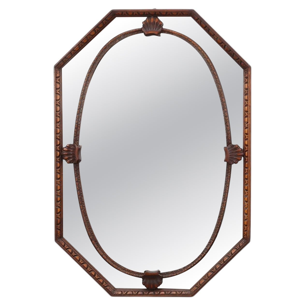 Miroir octogonal en bois Art Deco, France ca. 1920