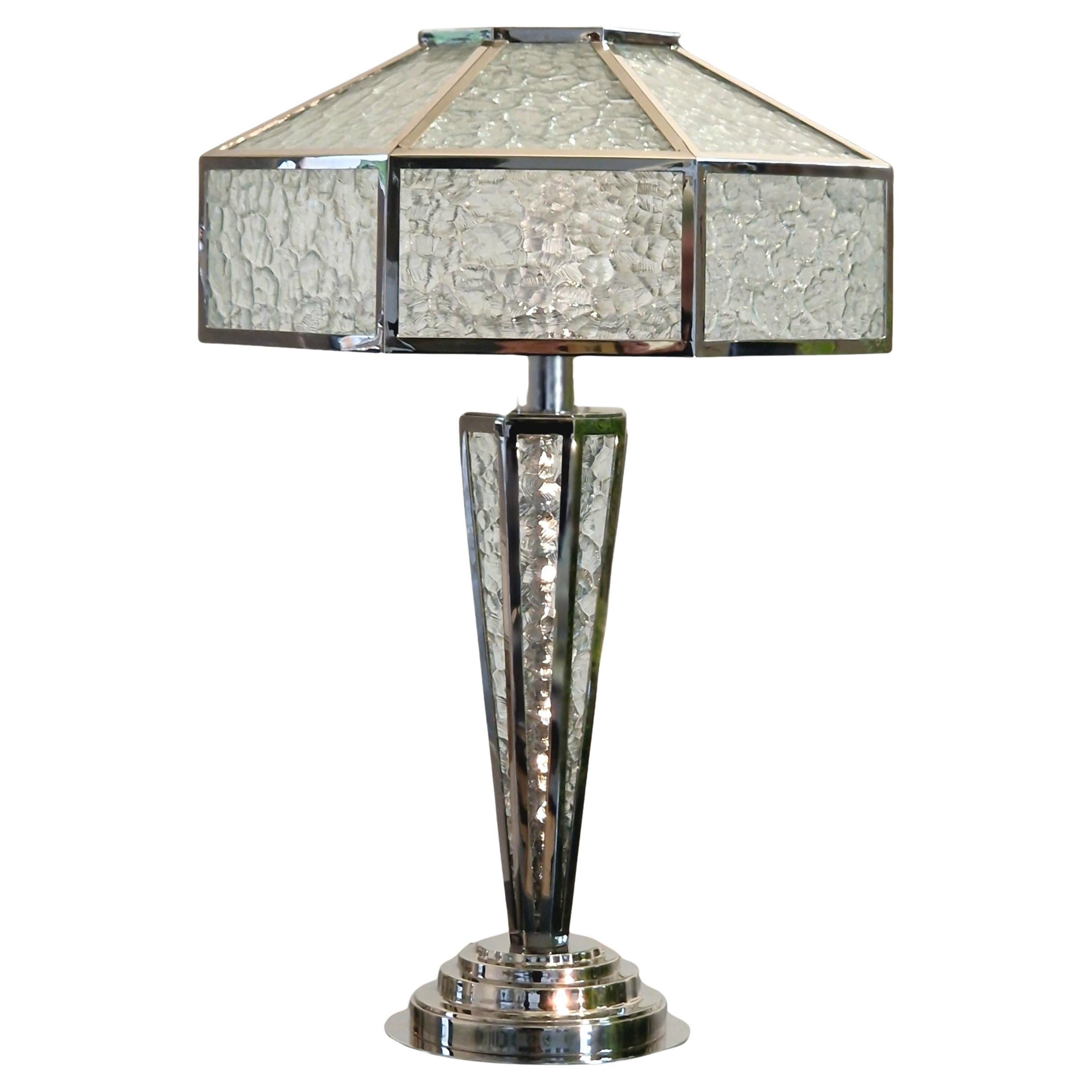 Art Deco Octogonal  Lamp With Nickel Finish and Monumental glass