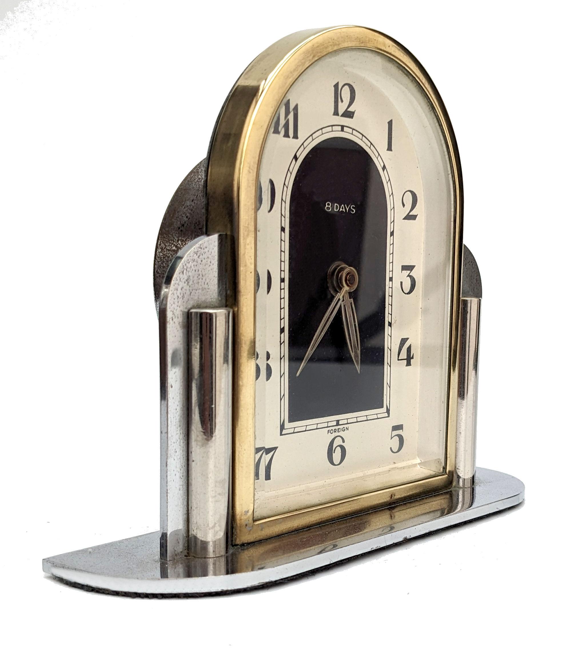 European Art Deco Odeon Chrome & Bronze 8 Day Clock, c1930 For Sale