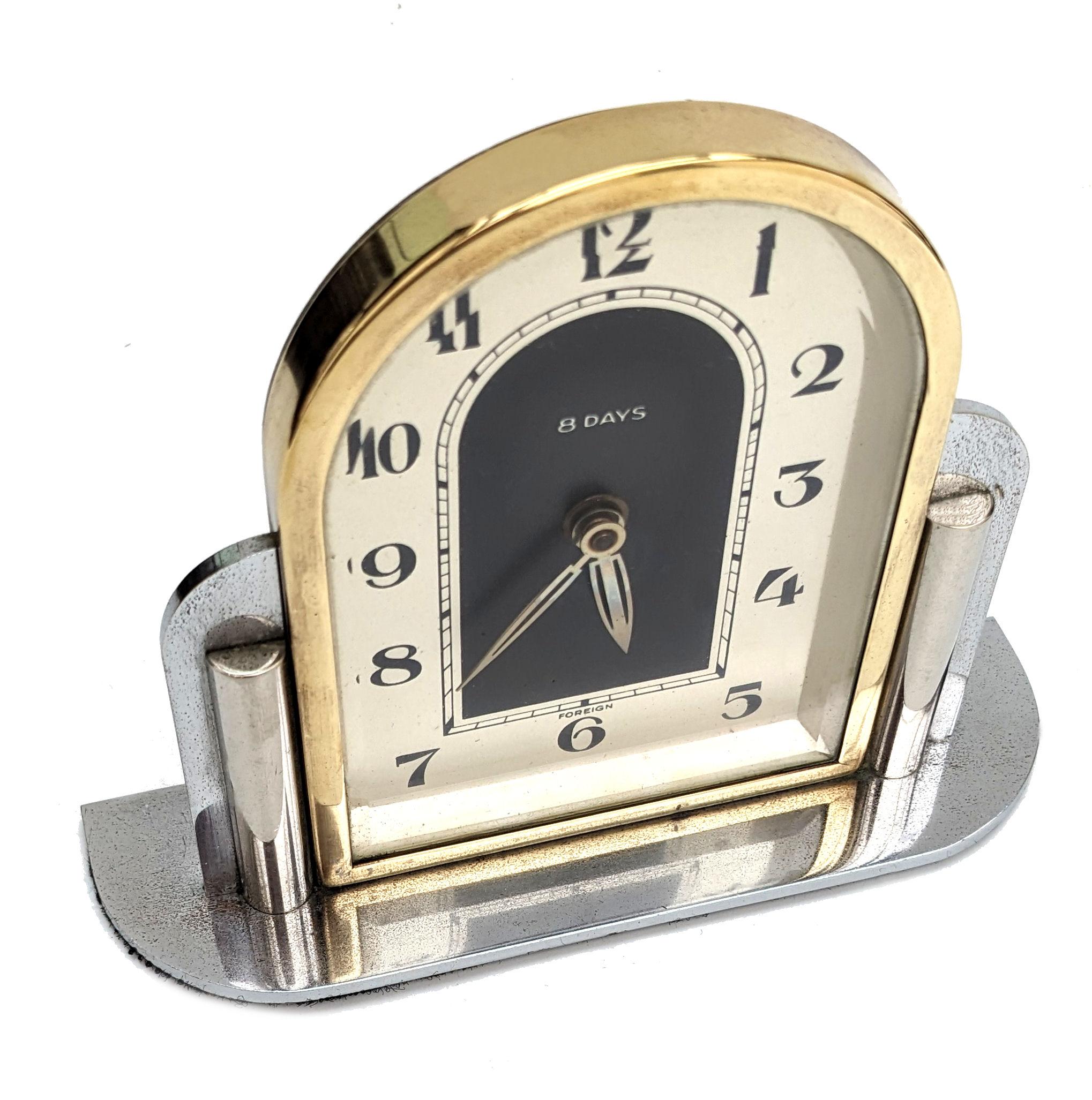Art Deco Odeon Chrome & Bronze 8 Day Clock, c1930 In Good Condition For Sale In Devon, England