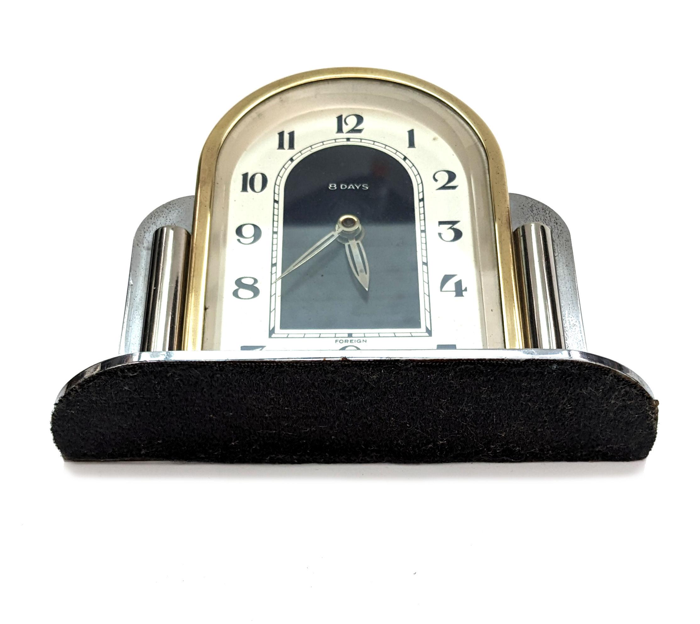 8-Tage-Uhr im Art-déco-Stil von Odeon aus Chrom und Bronze, um 1930 im Zustand „Gut“ im Angebot in Devon, England