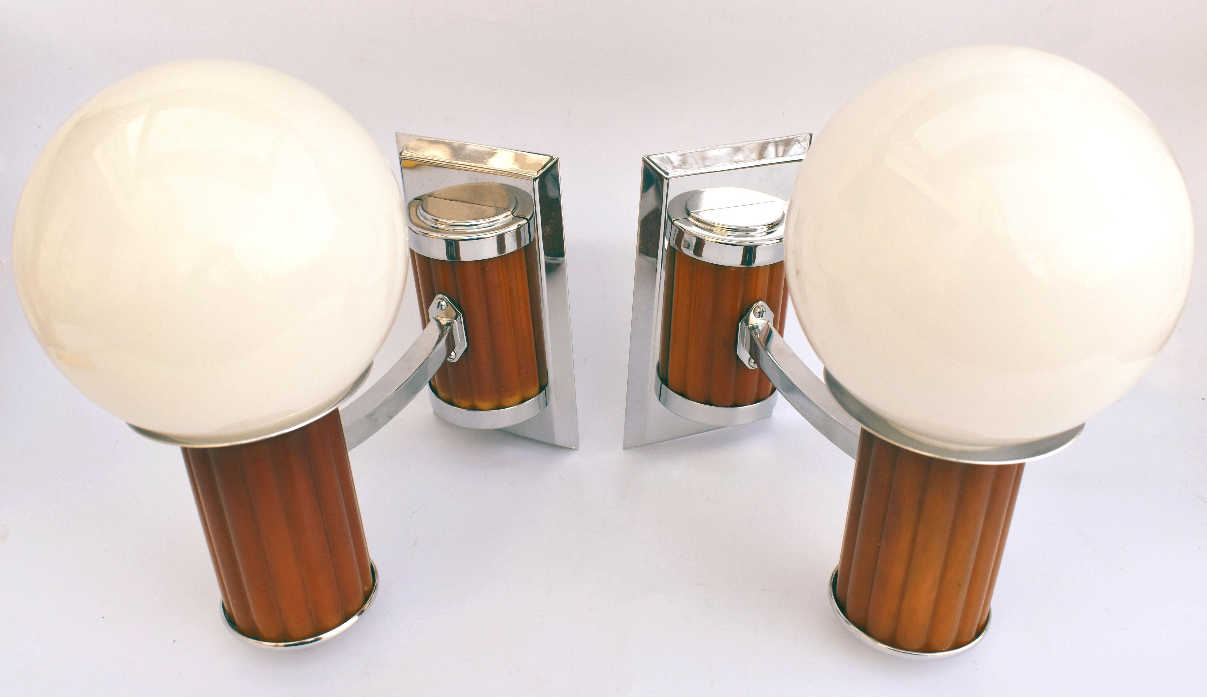 Art Deco Odeon Cinema Bakelite Catalin Globe Shade Wall Light Sconces, Circa 193 9