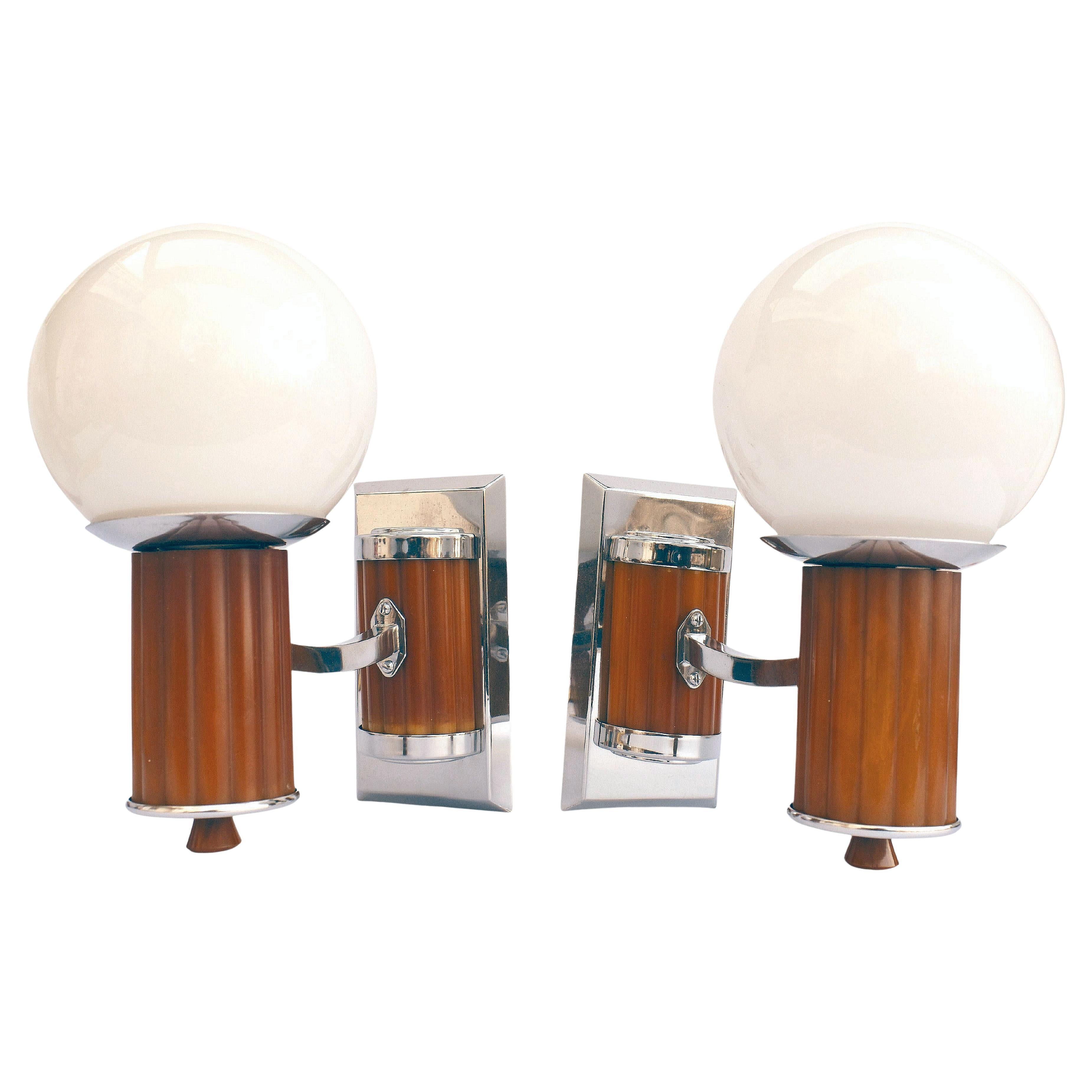 Art Deco Odeon Cinema Bakelite Catalin Globe Shade Wall Light Sconces, Circa 193