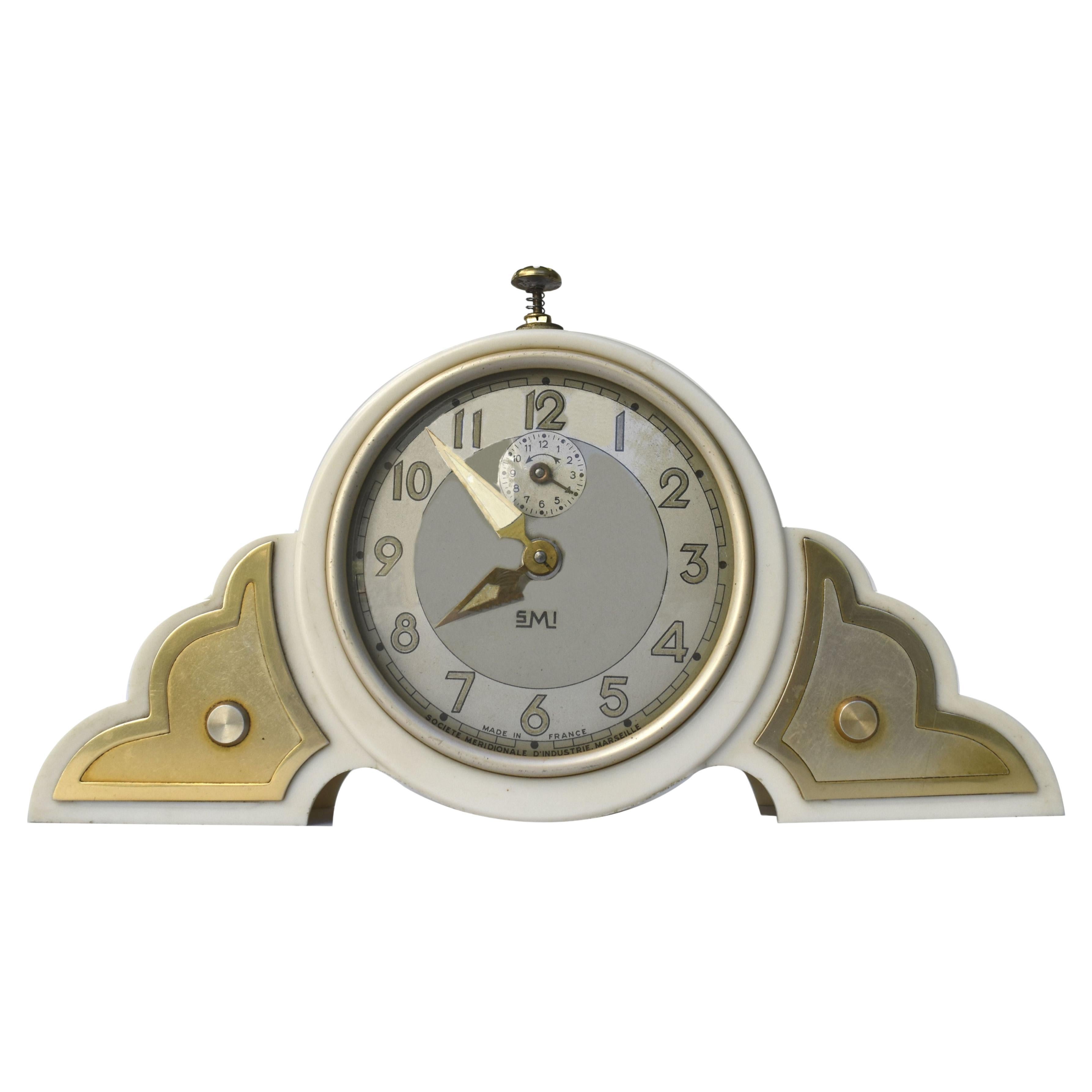 Reloj despertador Art Decó Odeon de baquelita color crema de Jaz, francés c1930s