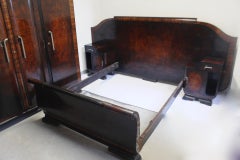 Art Deco Odeon Walnut Large Double Bed with Matching Nightstands, 1940s